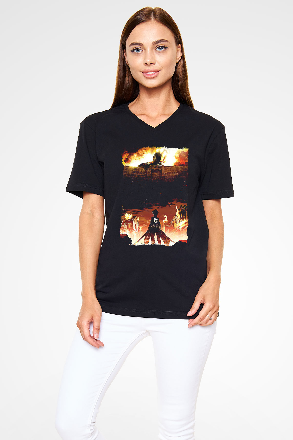Attack On Titan Baskılı Unisex Siyah V Yaka Tişört - Tshirt