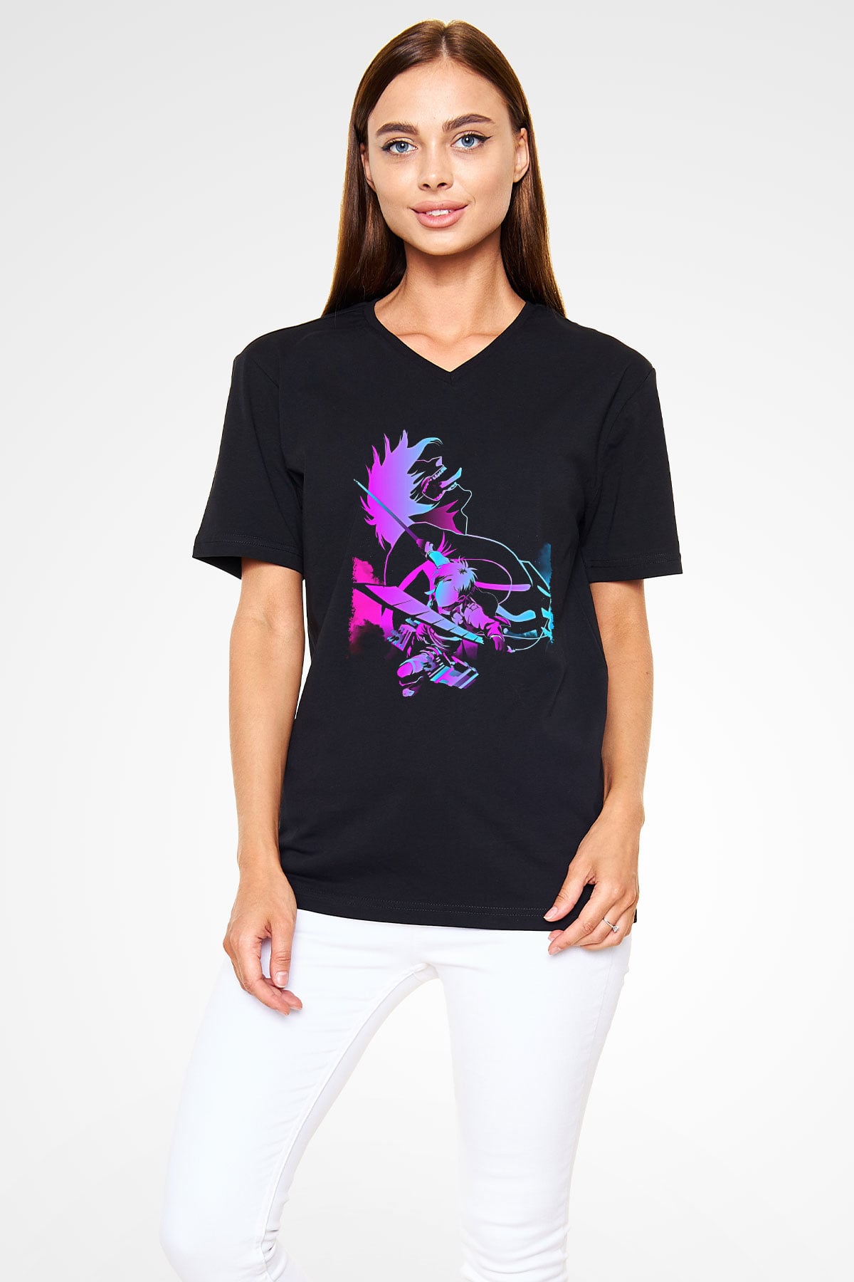 Attack On Titan Baskılı Unisex Siyah V Yaka Tişört - Tshirt