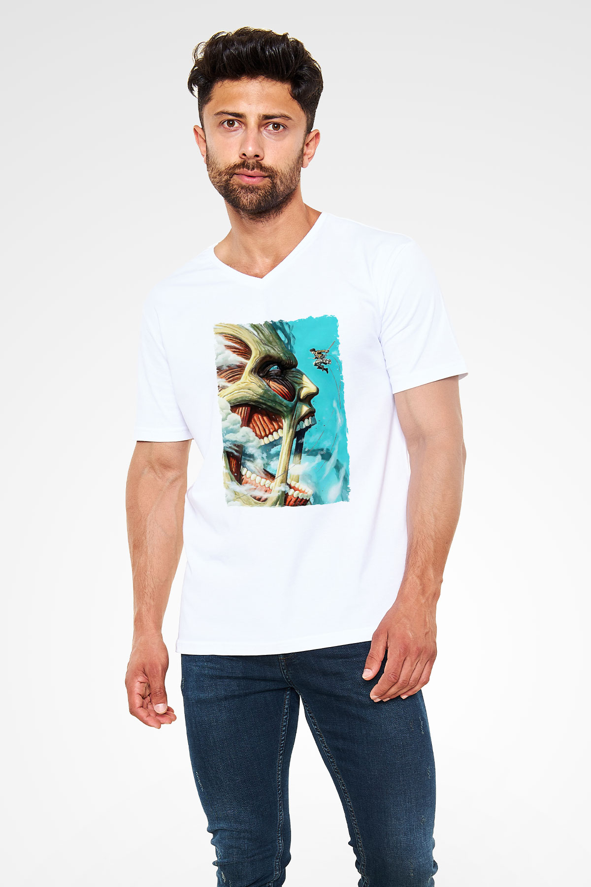 Attack On Titan Baskılı Unisex Siyah V Yaka Tişört - Tshirt