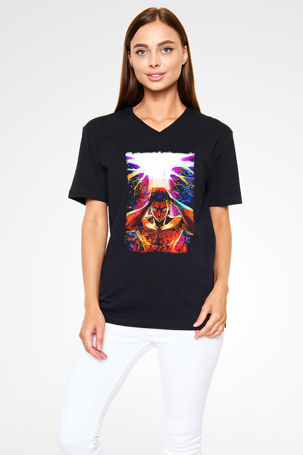 Attack On Titan Baskılı Unisex Siyah V Yaka Tişört - Tshirt