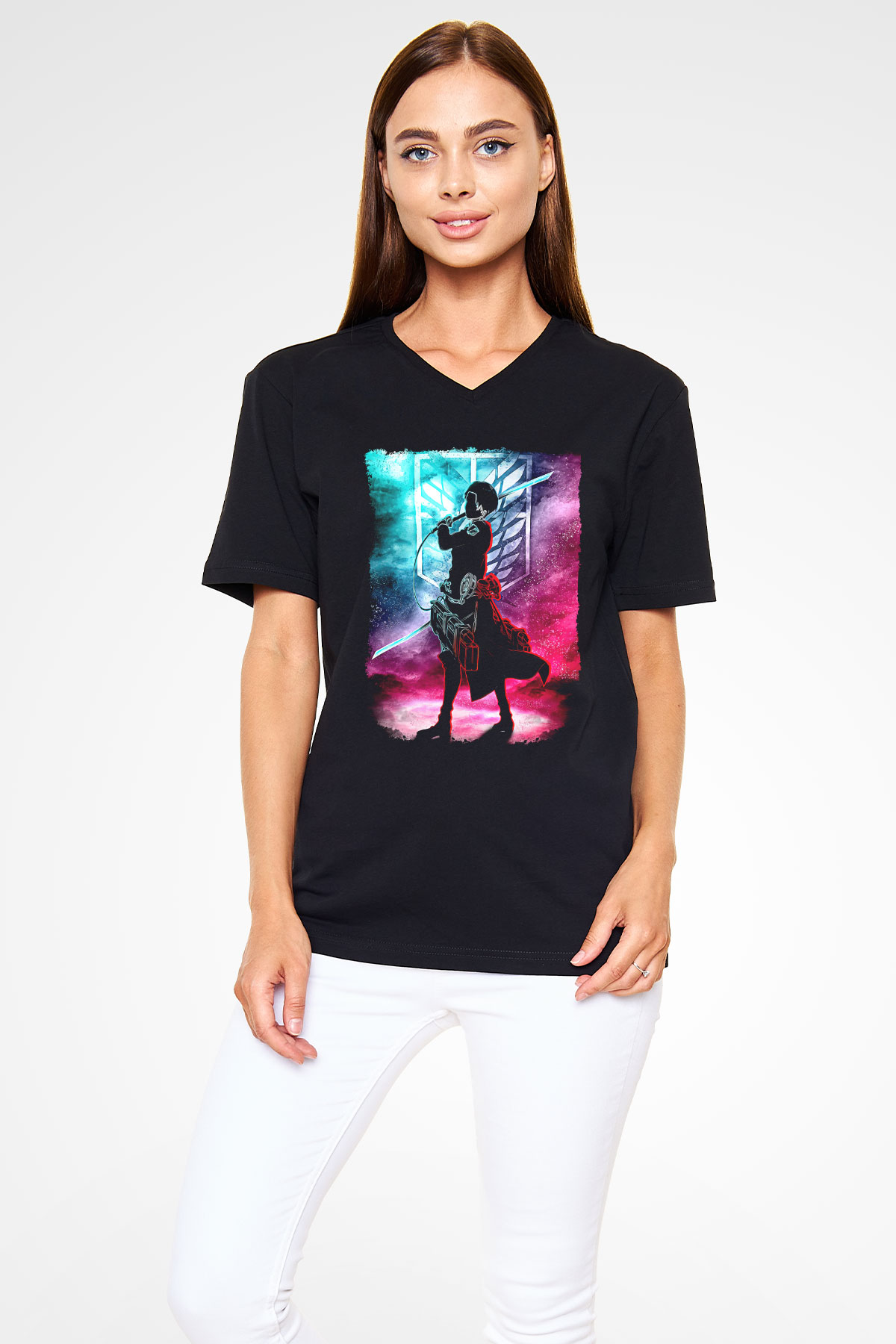 Attack On Titan Baskılı Unisex Siyah V Yaka Tişört - Tshirt
