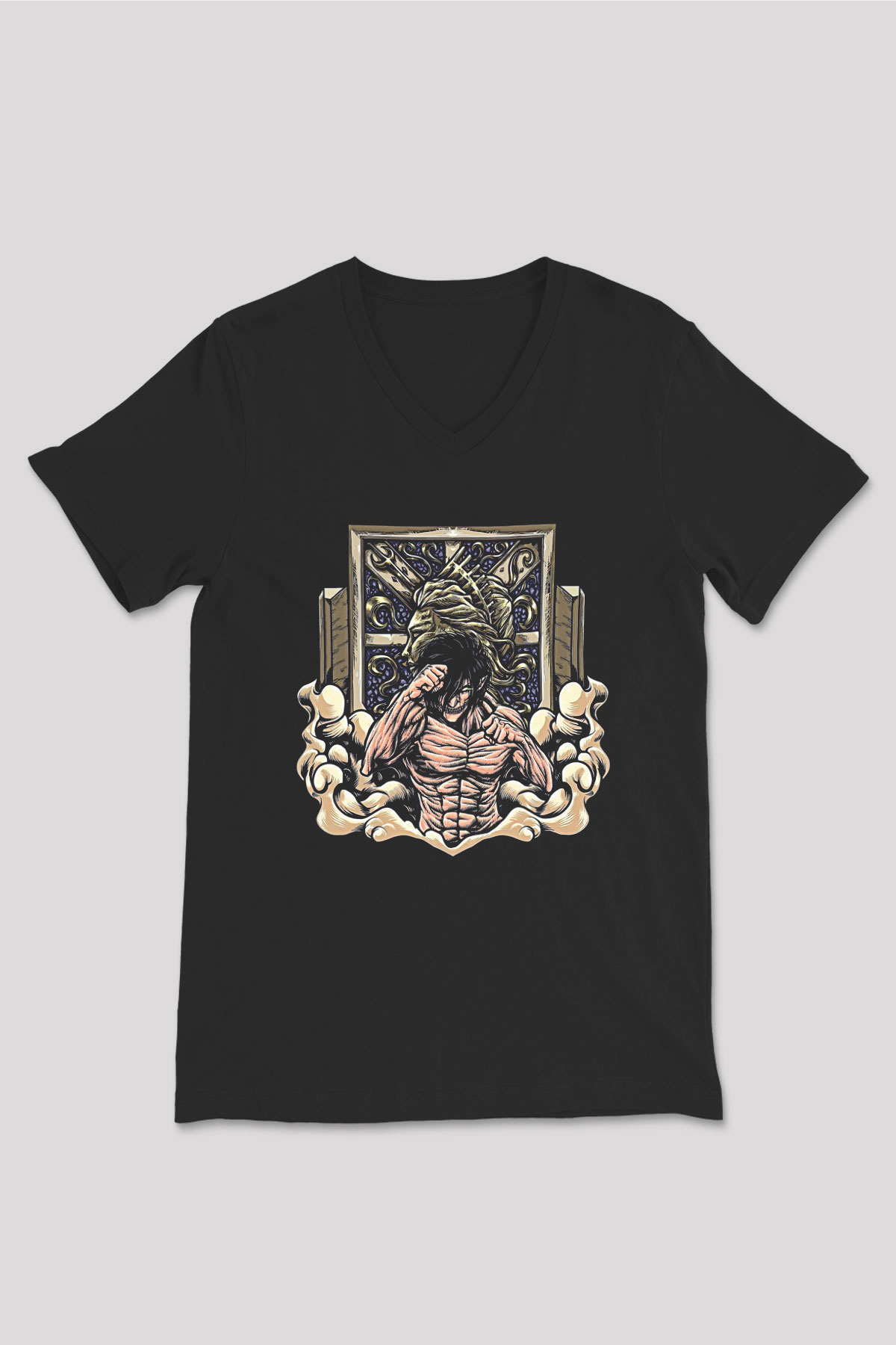 Attack On Titan Baskılı Unisex Siyah V Yaka Tişört - Tshirt