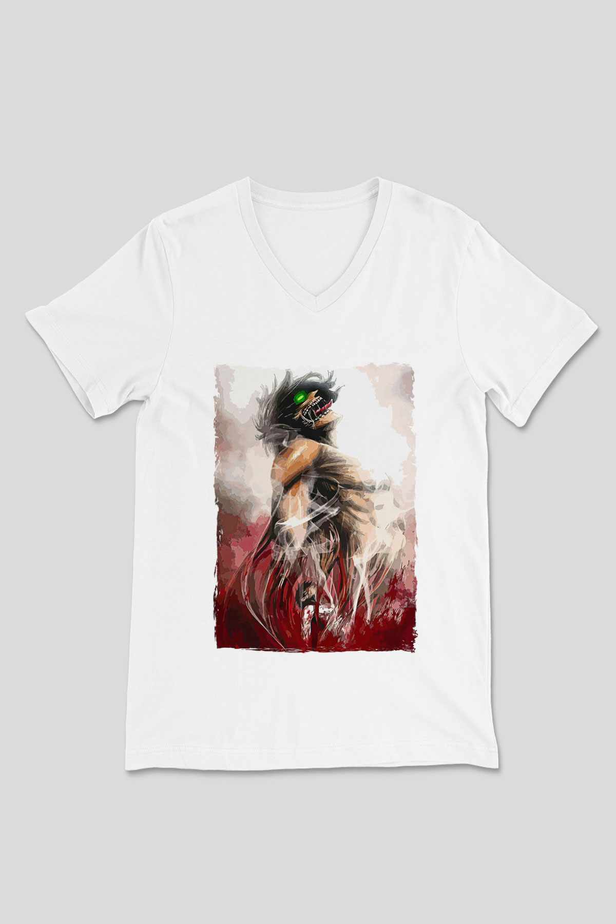 Attack On Titan Baskılı Unisex Siyah V Yaka Tişört - Tshirt