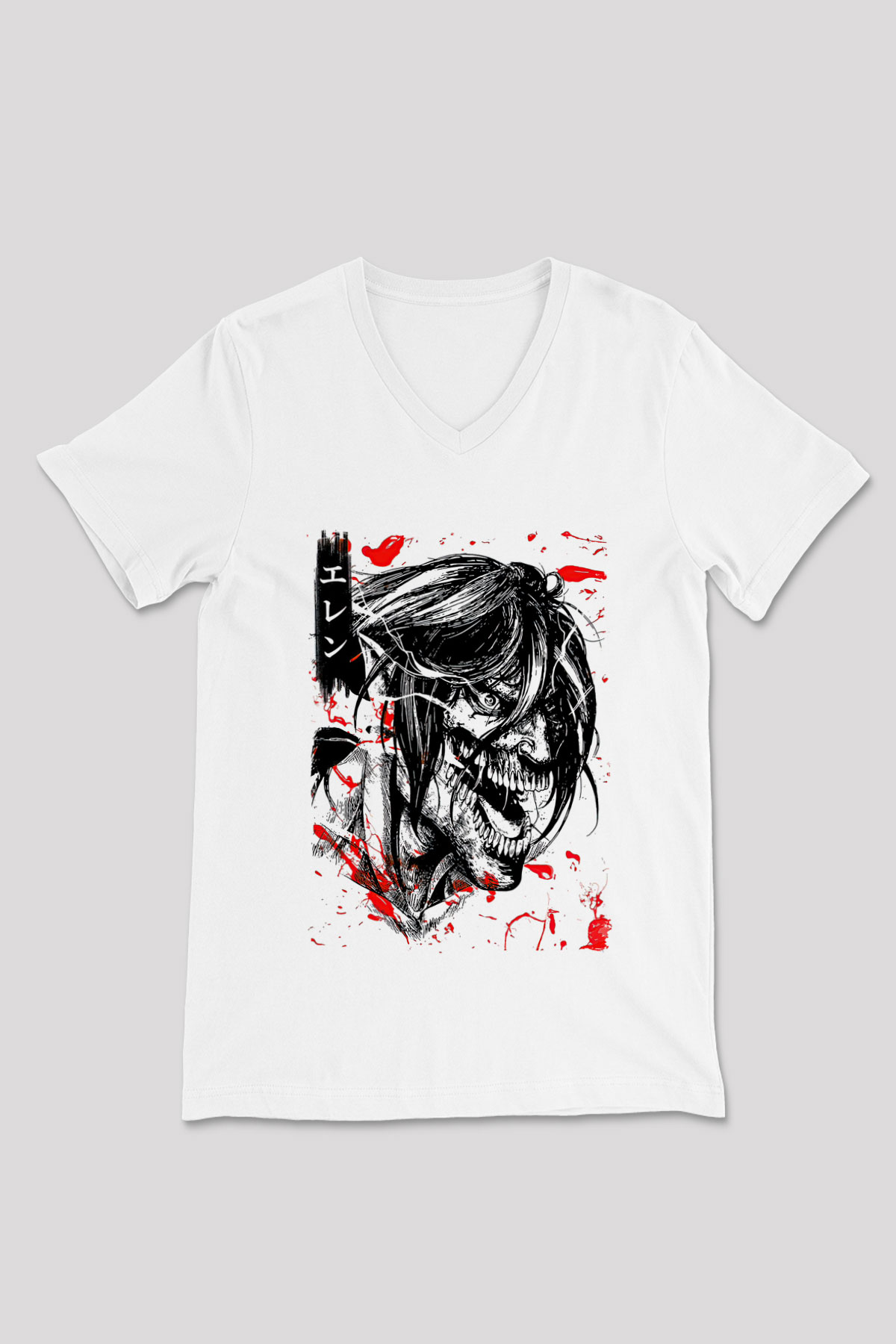 Attack On Titan Baskılı Unisex Siyah V Yaka Tişört - Tshirt