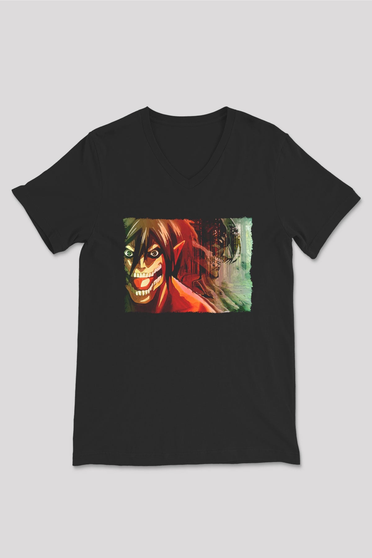 Attack On Titan Baskılı Unisex Siyah V Yaka Tişört - Tshirt