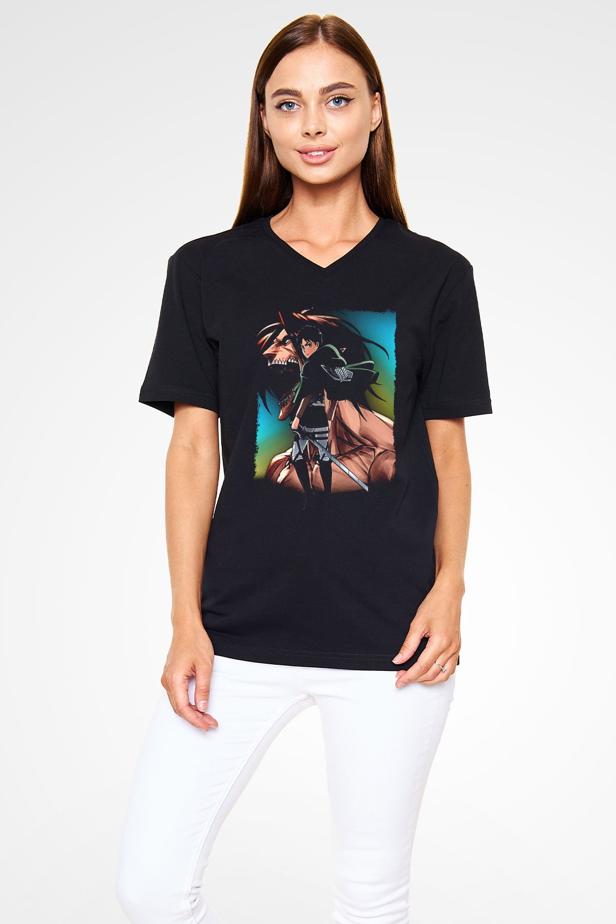 Attack On Titan Baskılı Unisex Siyah V Yaka Tişört - Tshirt