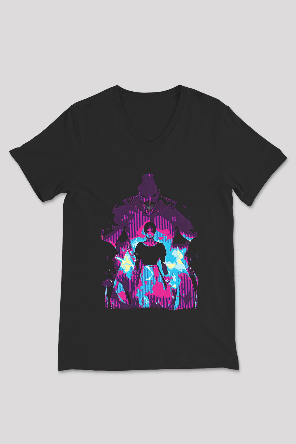 Attack On Titan Baskılı Unisex Siyah V Yaka Tişört - Tshirt