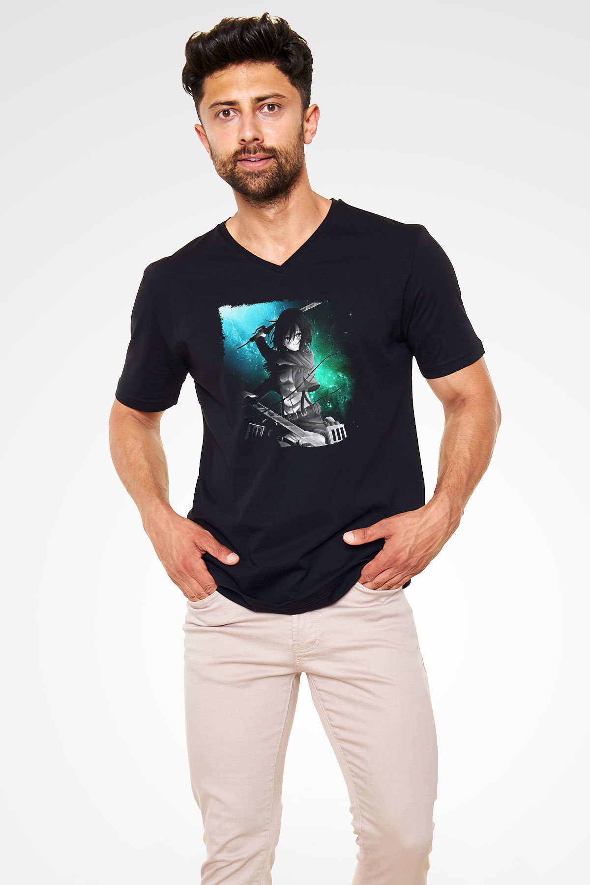 Attack On Titan Baskılı Unisex Siyah V Yaka Tişört - Tshirt