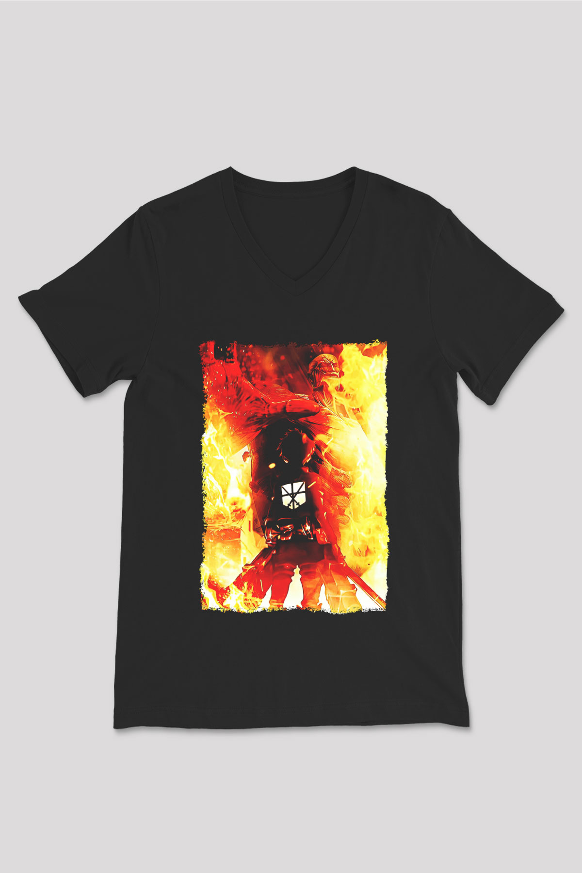 Attack On Titan Baskılı Unisex Siyah V Yaka Tişört - Tshirt
