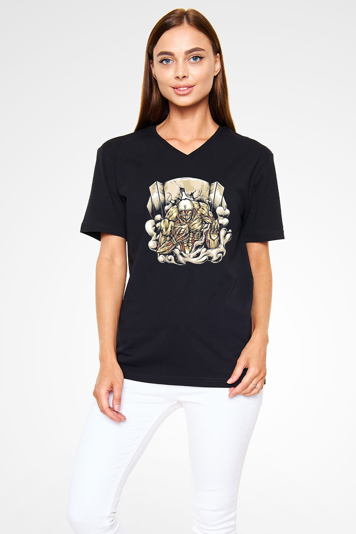 Attack On Titan Baskılı Unisex Siyah V Yaka Tişört - Tshirt