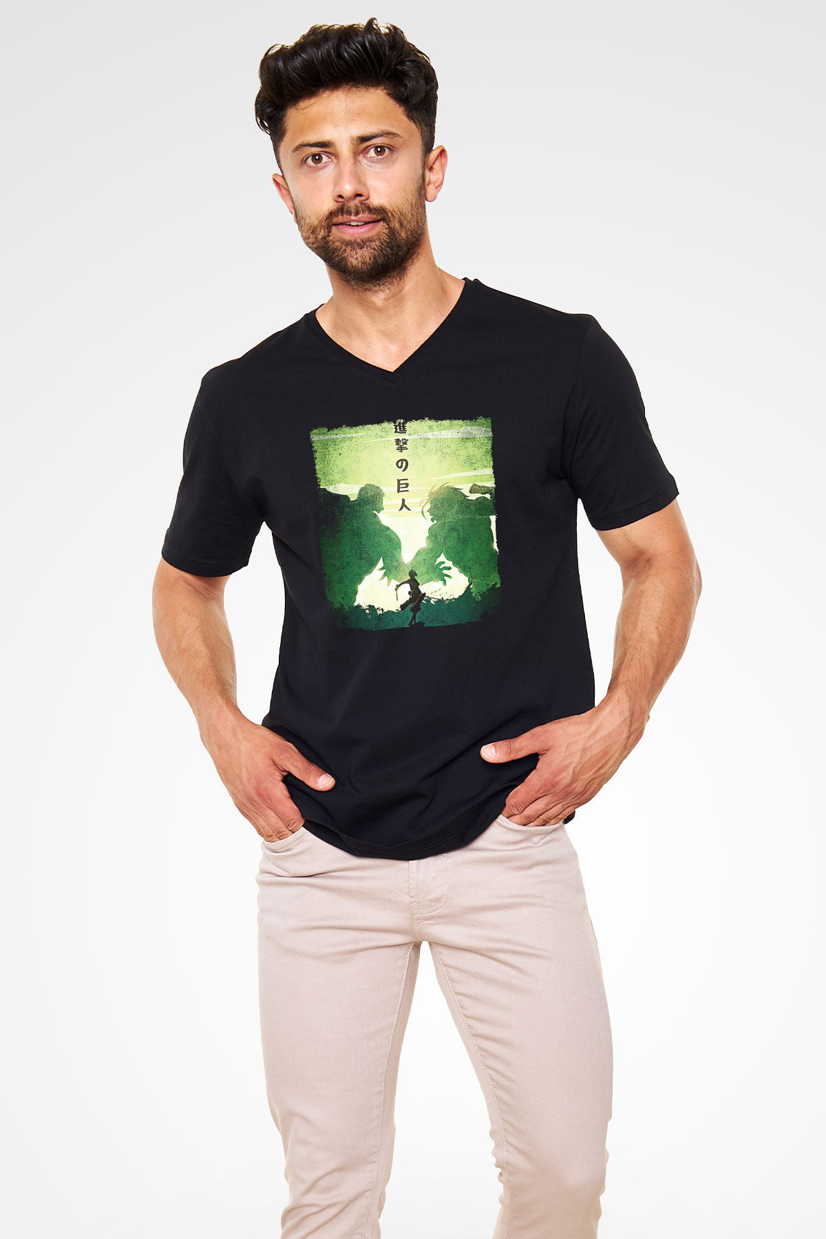 Attack On Titan Baskılı Unisex Siyah V Yaka Tişört - Tshirt