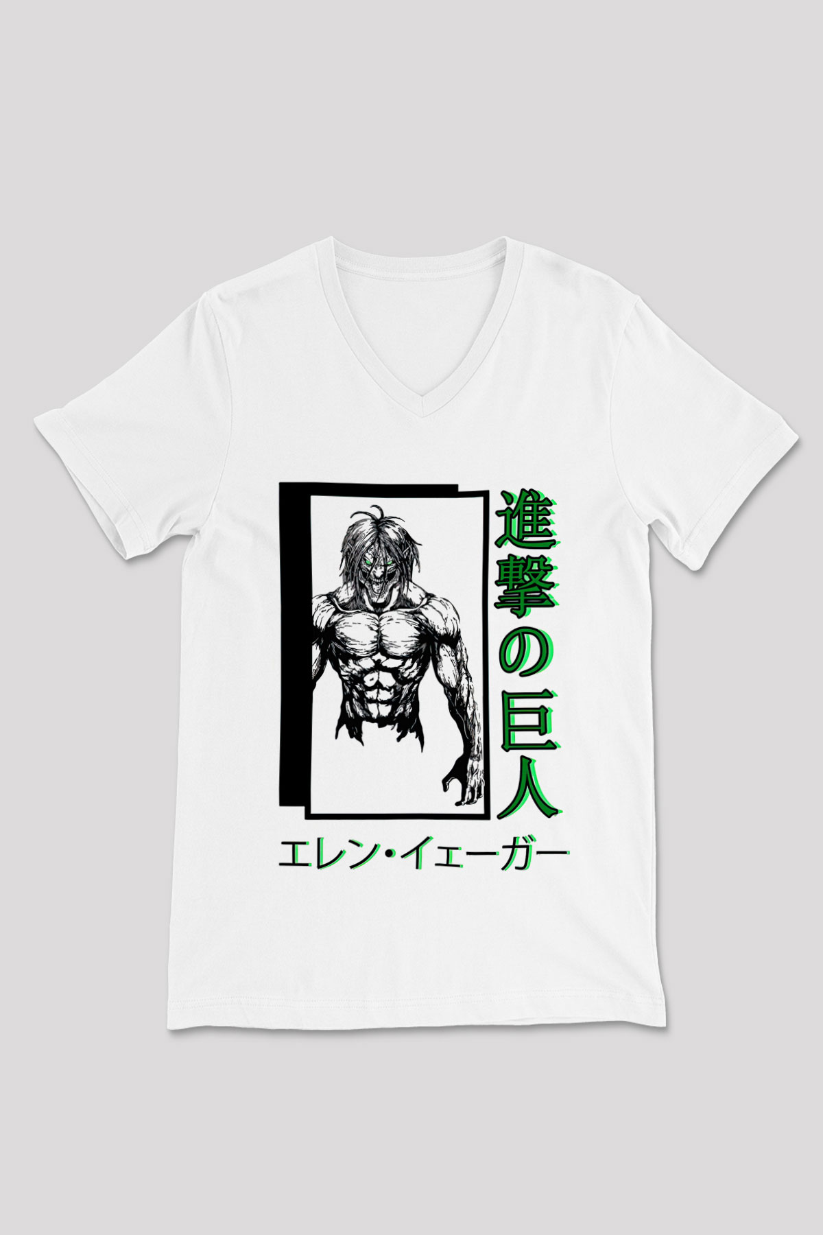 Attack On Titan Baskılı Unisex Siyah V Yaka Tişört - Tshirt
