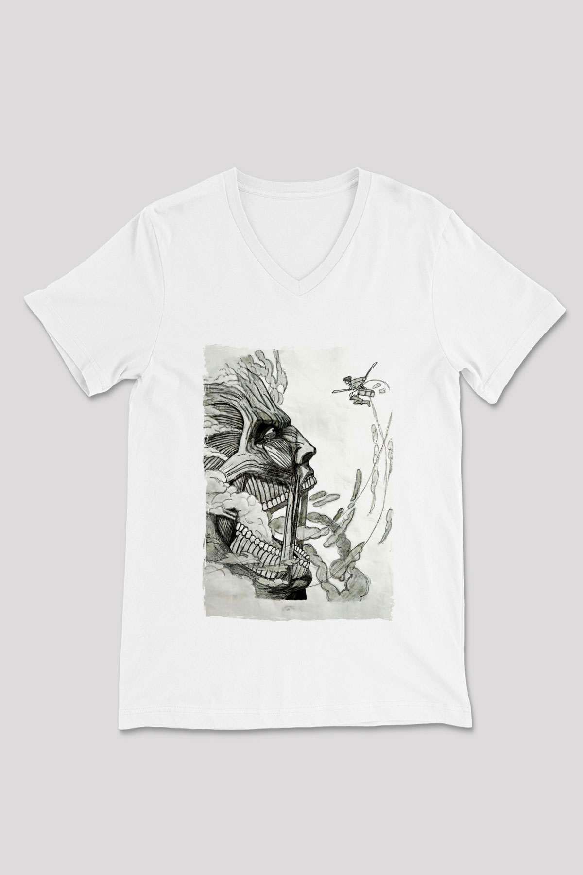 Attack On Titan Baskılı Unisex Siyah V Yaka Tişört - Tshirt