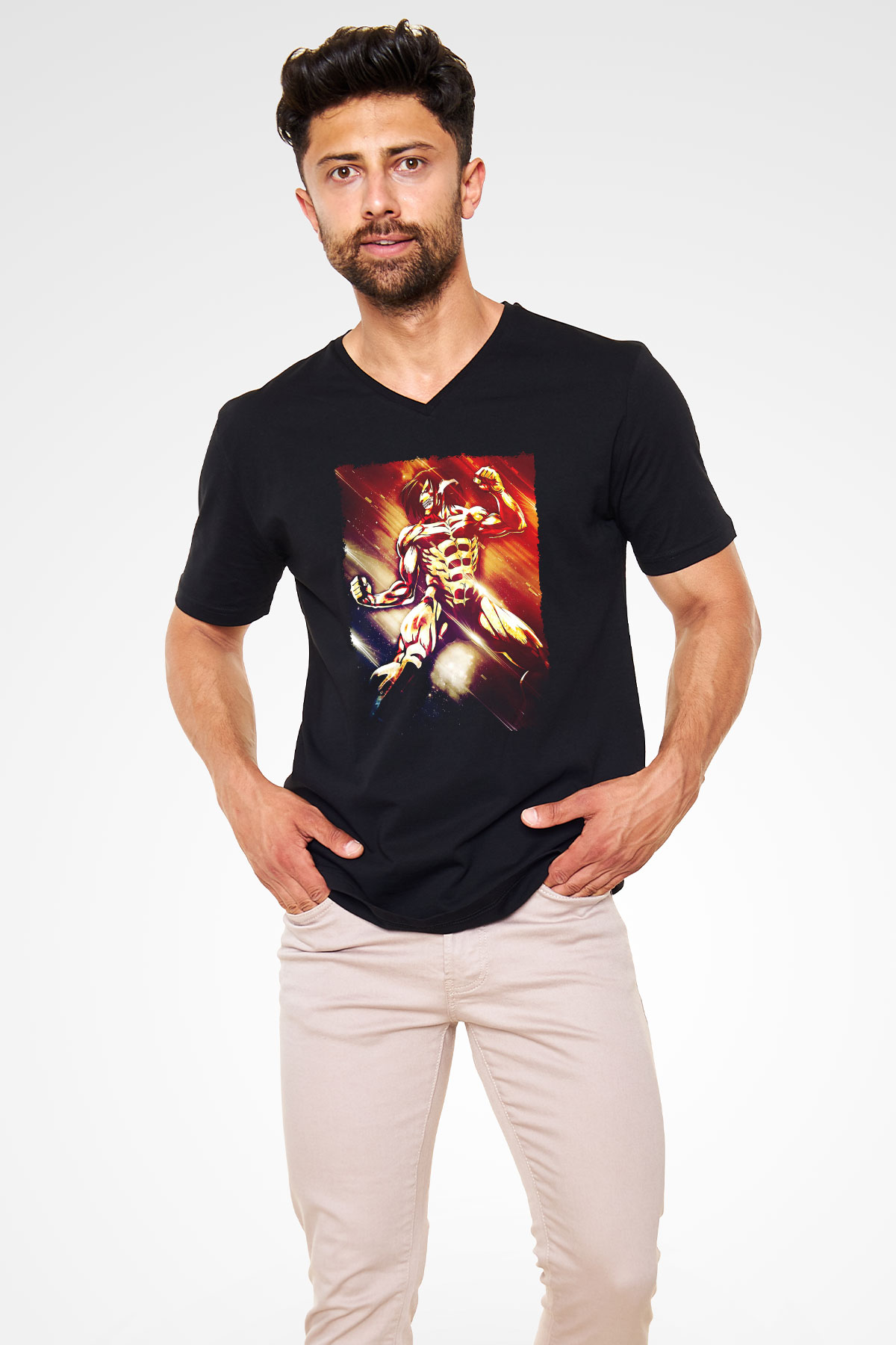 Attack On Titan Baskılı Unisex Siyah V Yaka Tişört - Tshirt