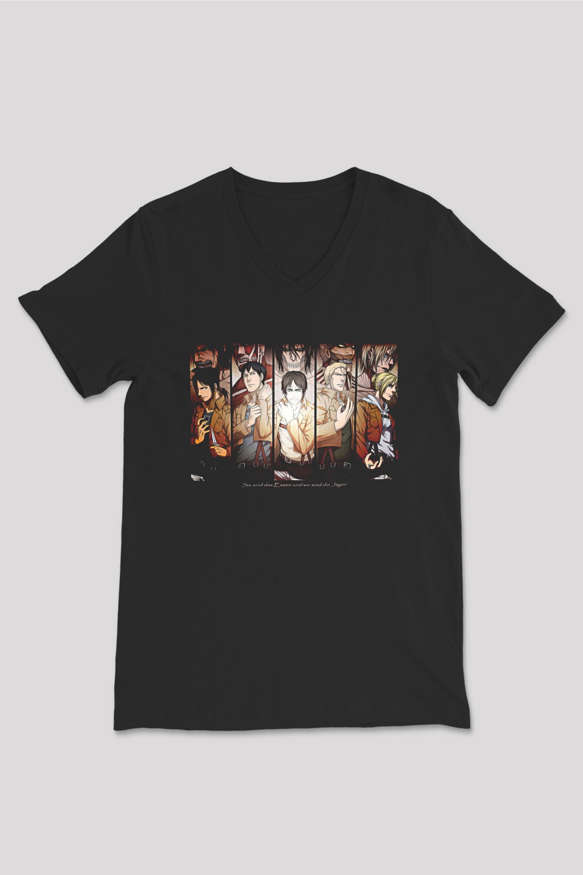 Attack On Titan Baskılı Unisex Siyah V Yaka Tişört - Tshirt