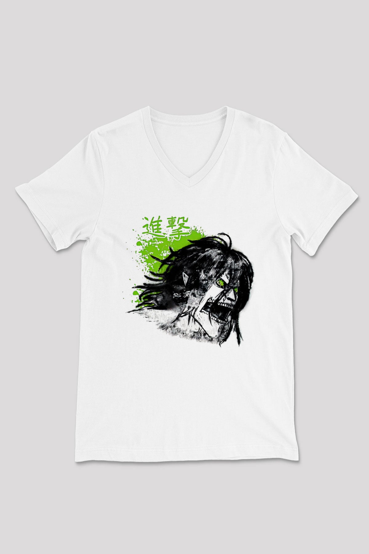 Attack On Titan Baskılı Unisex Siyah V Yaka Tişört - Tshirt