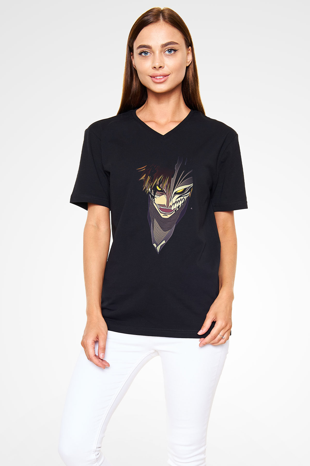 Attack On Titan Baskılı Unisex Siyah V Yaka Tişört - Tshirt