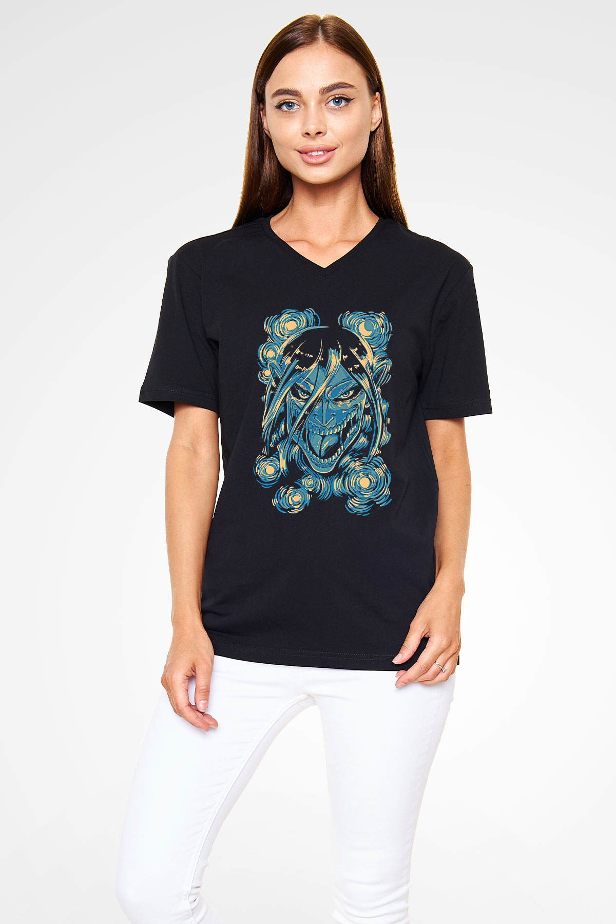 Attack On Titan Baskılı Unisex Siyah V Yaka Tişört - Tshirt