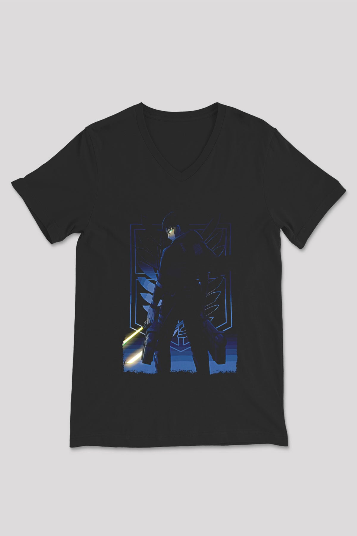 Attack On Titan Baskılı Unisex Siyah V Yaka Tişört - Tshirt