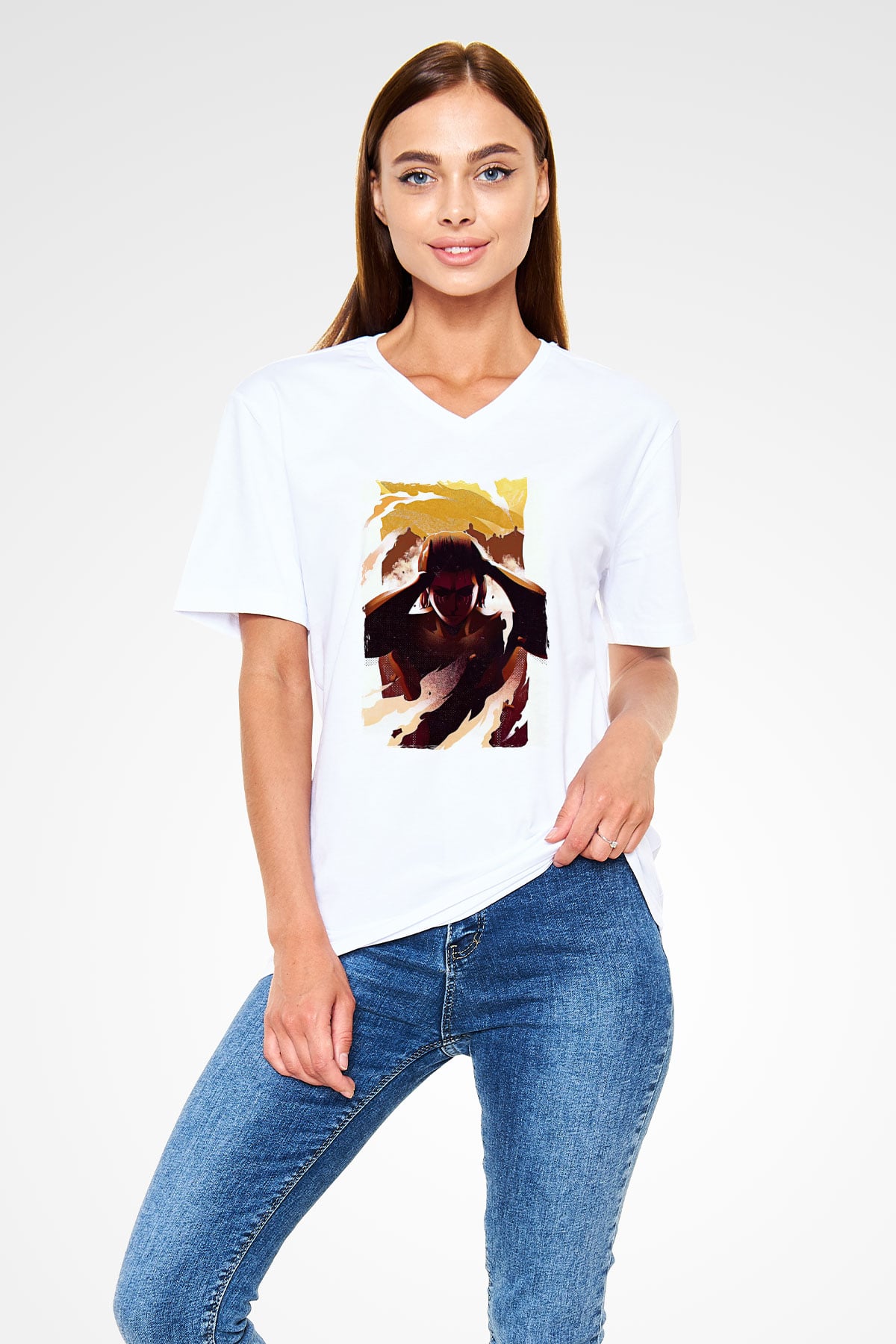 Attack On Titan Baskılı Unisex Siyah V Yaka Tişört - Tshirt