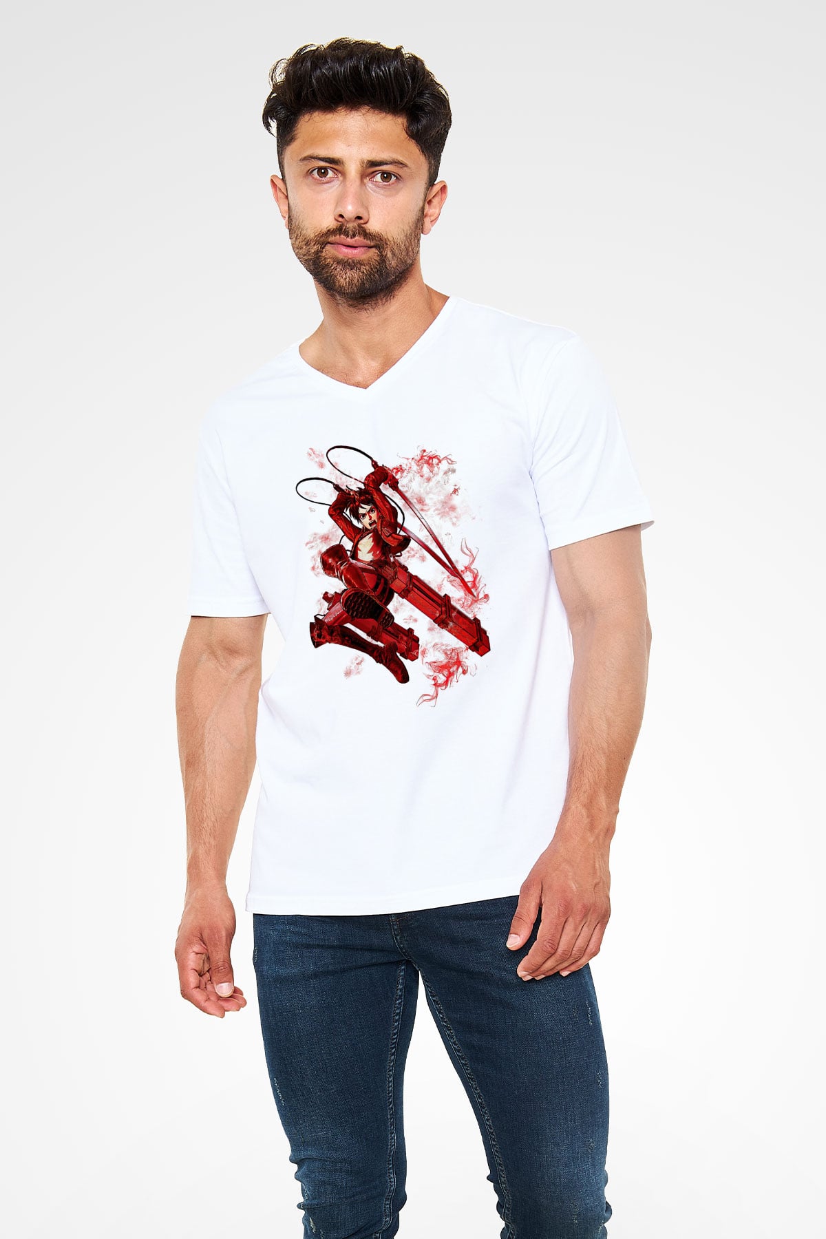 Attack On Titan Baskılı Unisex Siyah V Yaka Tişört - Tshirt