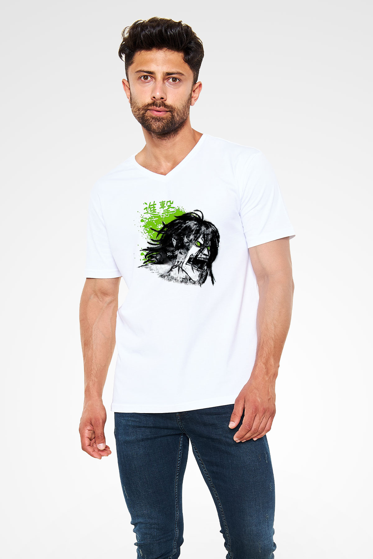 Attack On Titan Baskılı Unisex Siyah V Yaka Tişört - Tshirt