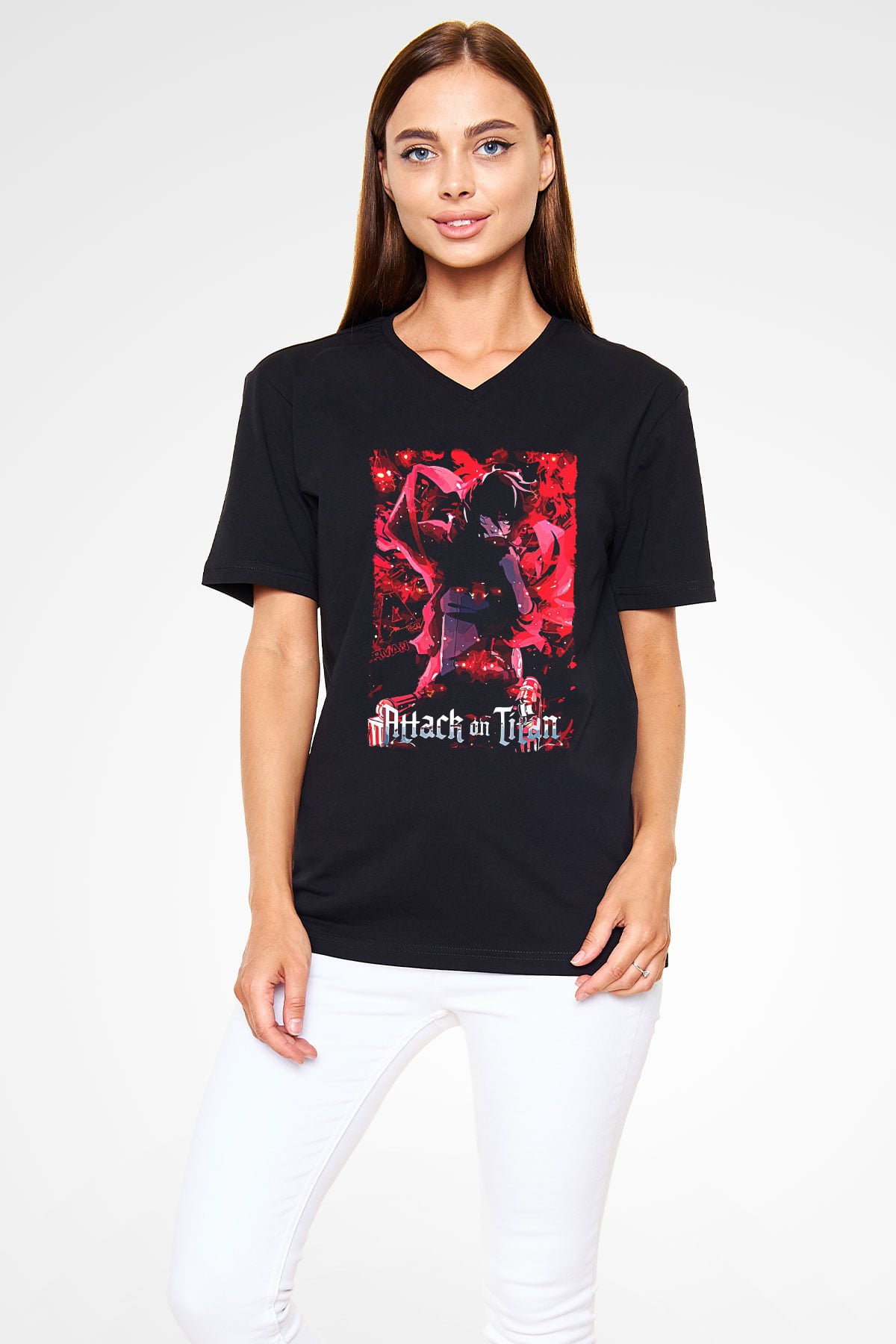 Attack On Titan Baskılı Unisex Siyah V Yaka Tişört - Tshirt