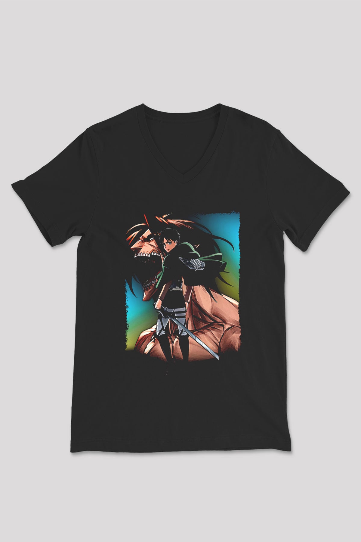 Attack On Titan Baskılı Unisex Siyah V Yaka Tişört - Tshirt