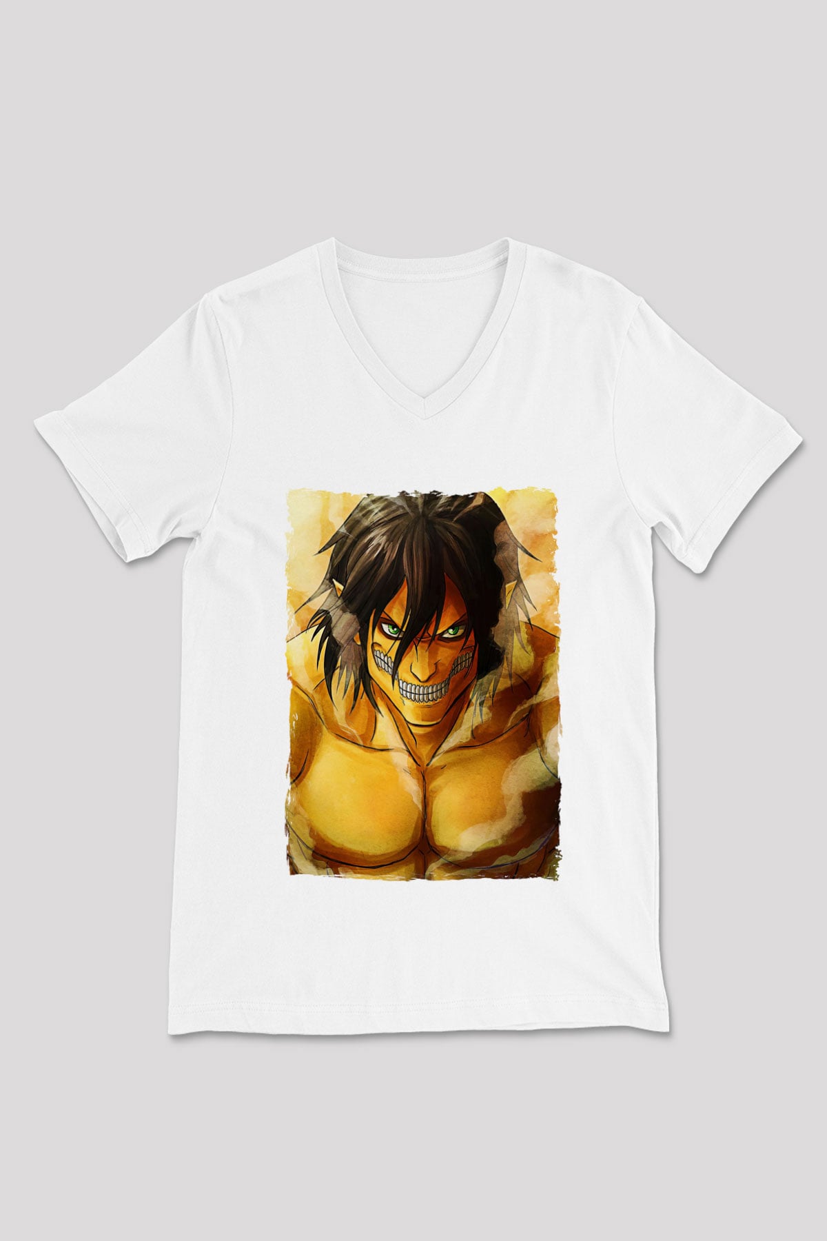 Attack On Titan Baskılı Unisex Siyah V Yaka Tişört - Tshirt