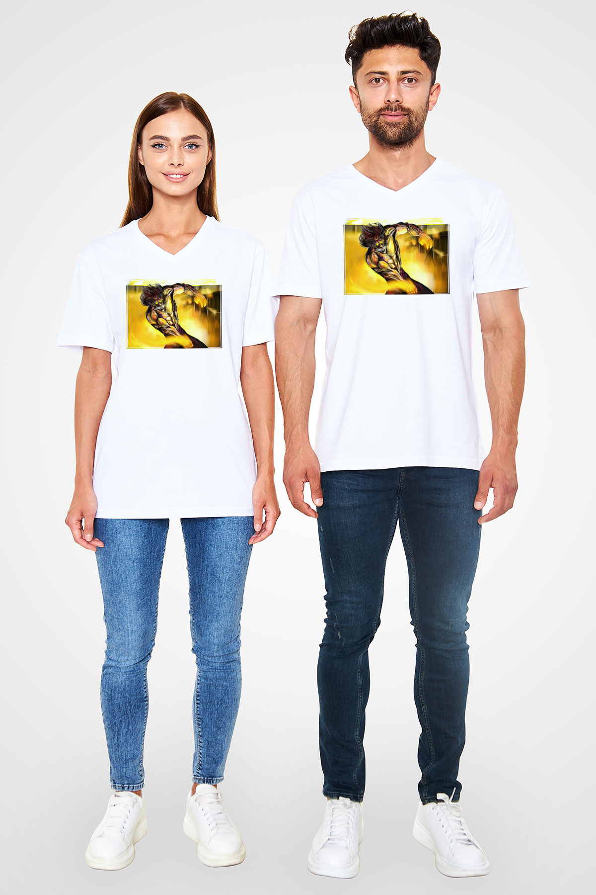 Attack On Titan Baskılı Unisex Siyah V Yaka Tişört - Tshirt