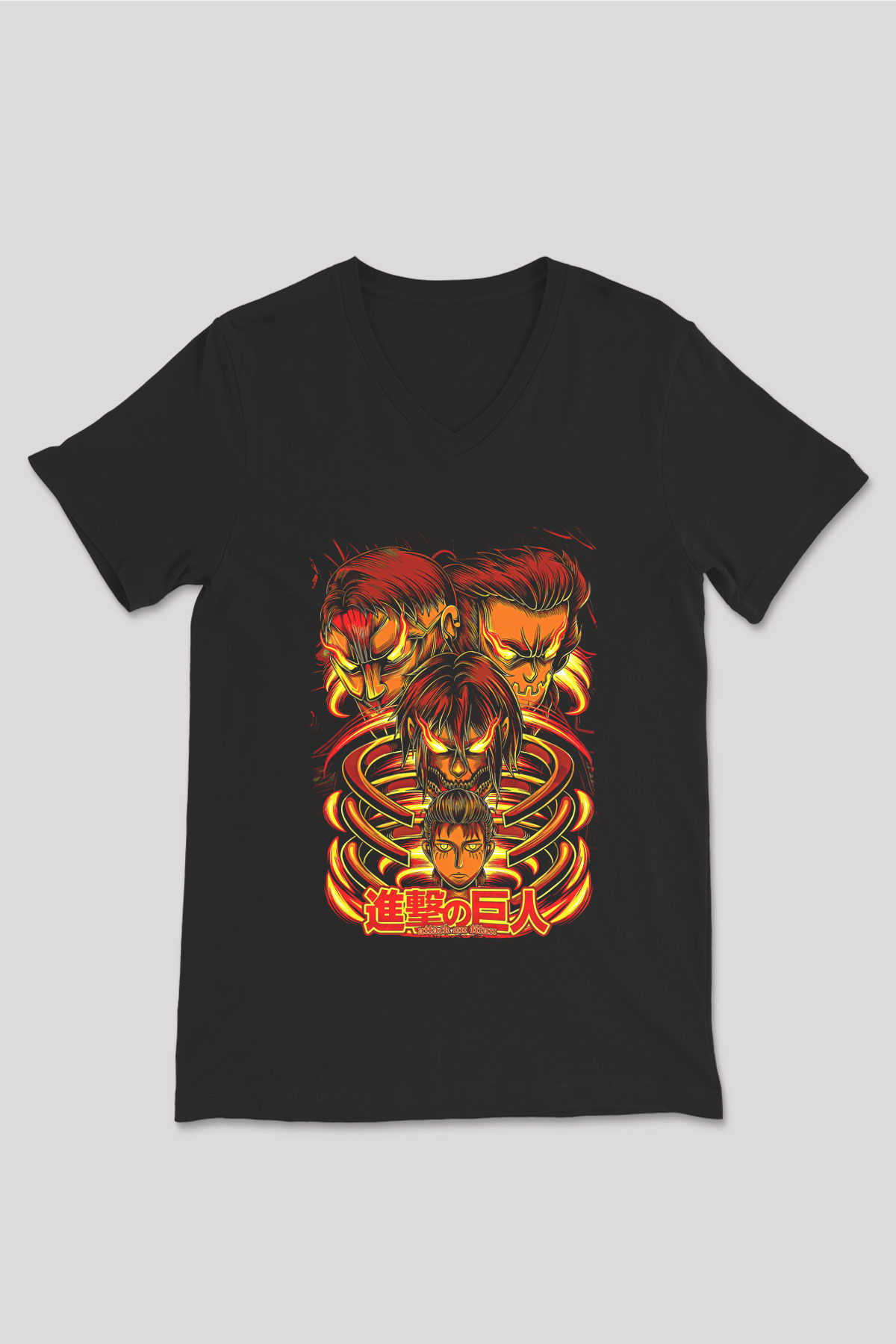 Attack On Titan Baskılı Unisex Siyah V Yaka Tişört - Tshirt