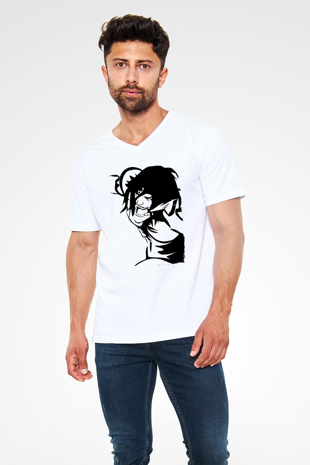 Attack On Titan Baskılı Unisex Siyah V Yaka Tişört - Tshirt