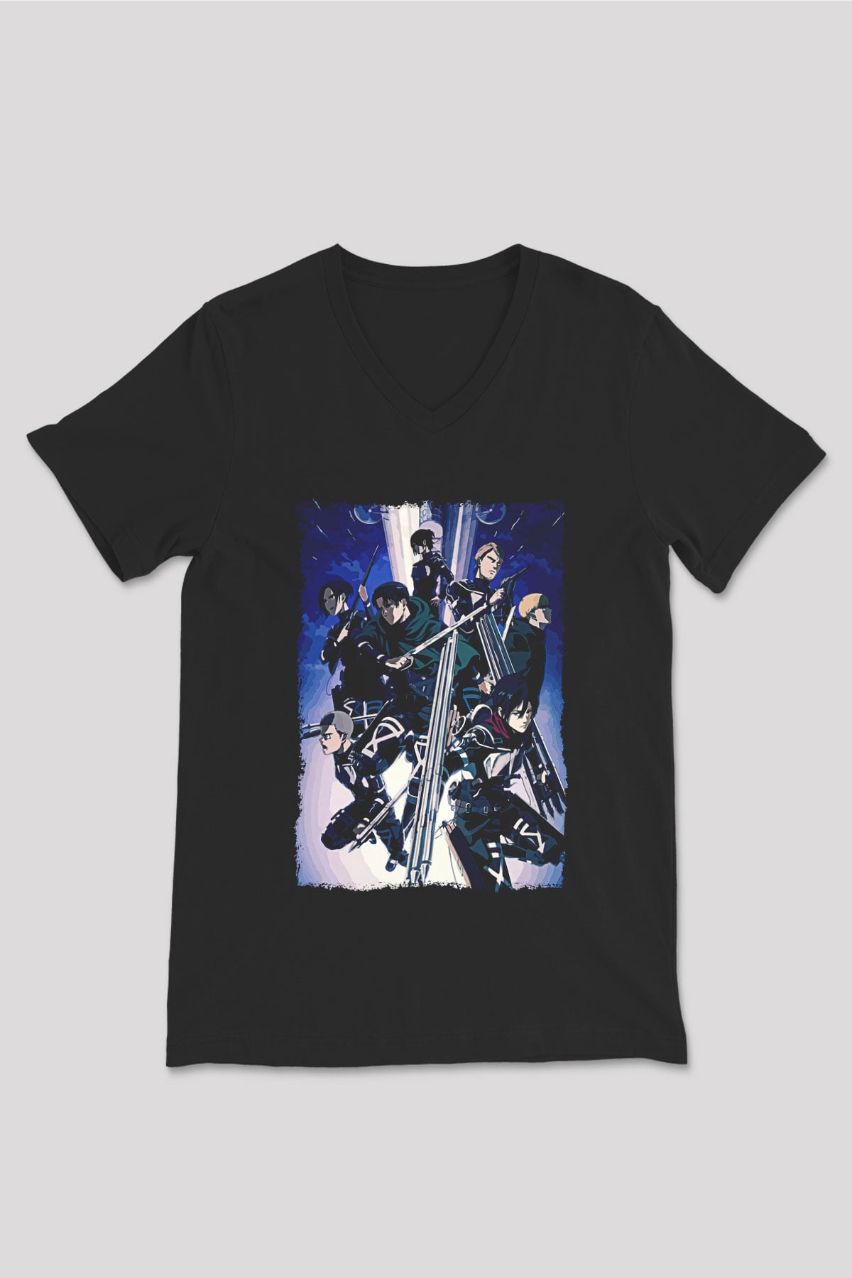 Attack On Titan Baskılı Unisex Siyah V Yaka Tişört - Tshirt