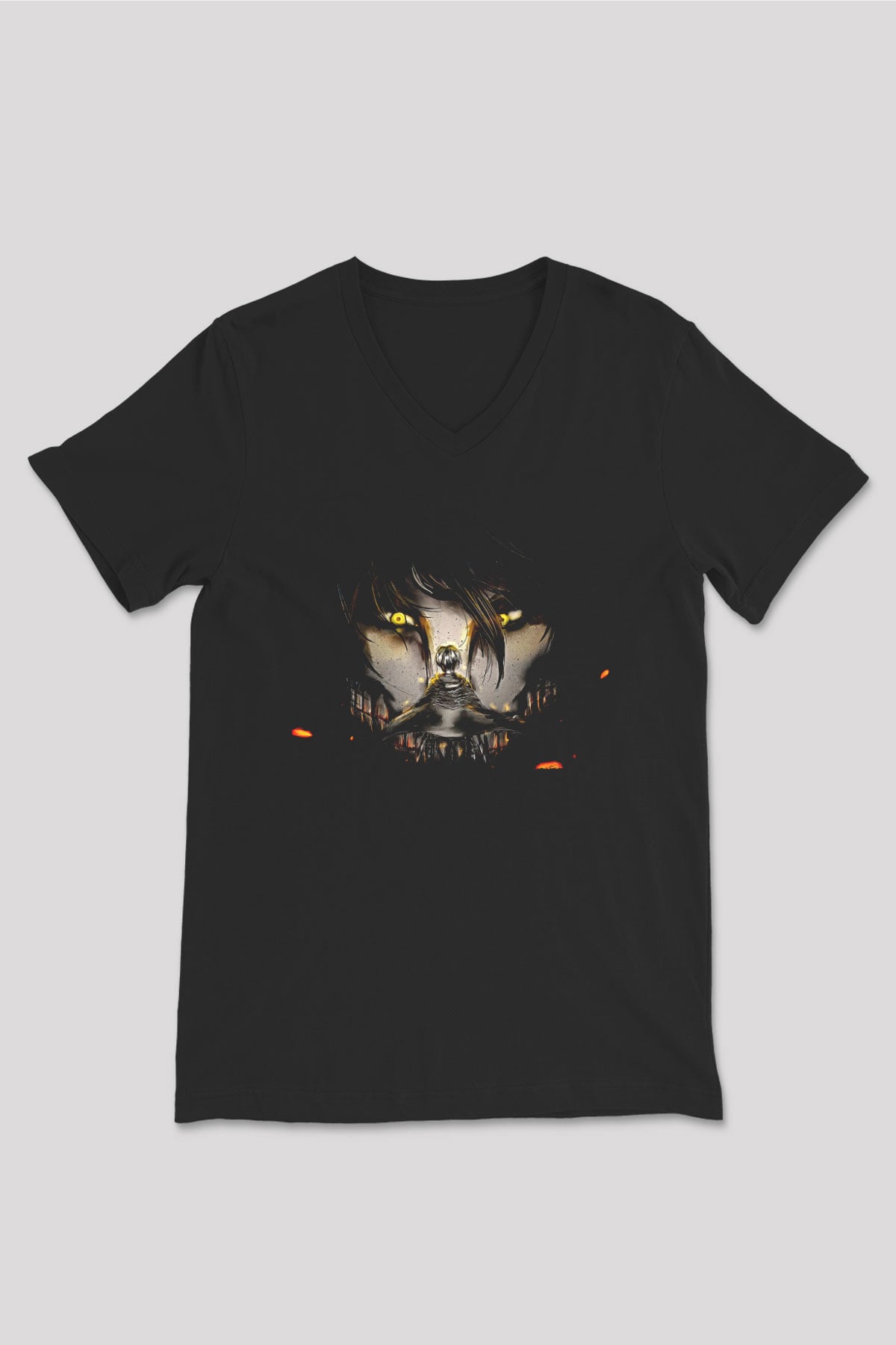Attack On Titan Baskılı Unisex Siyah V Yaka Tişört - Tshirt
