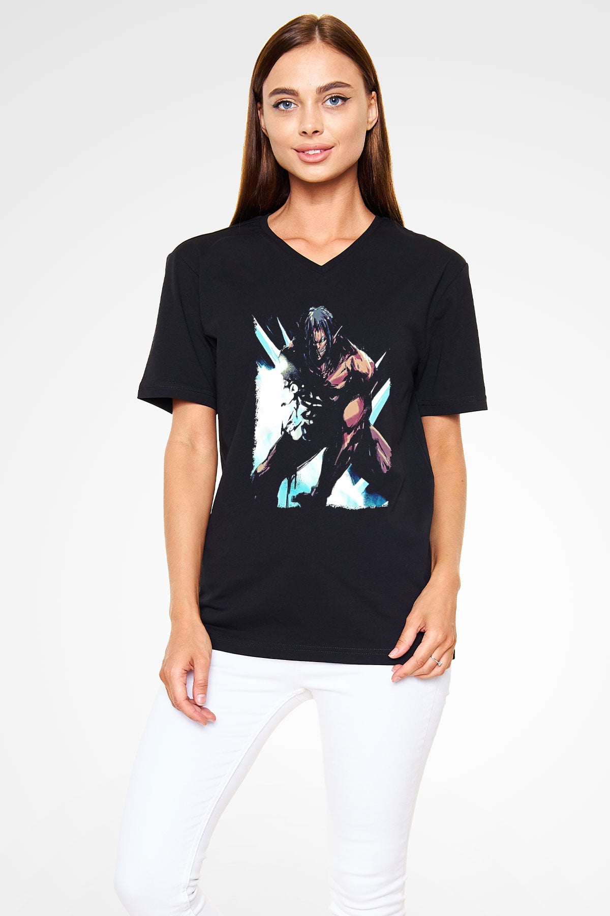 Attack On Titan Baskılı Unisex Siyah V Yaka Tişört - Tshirt