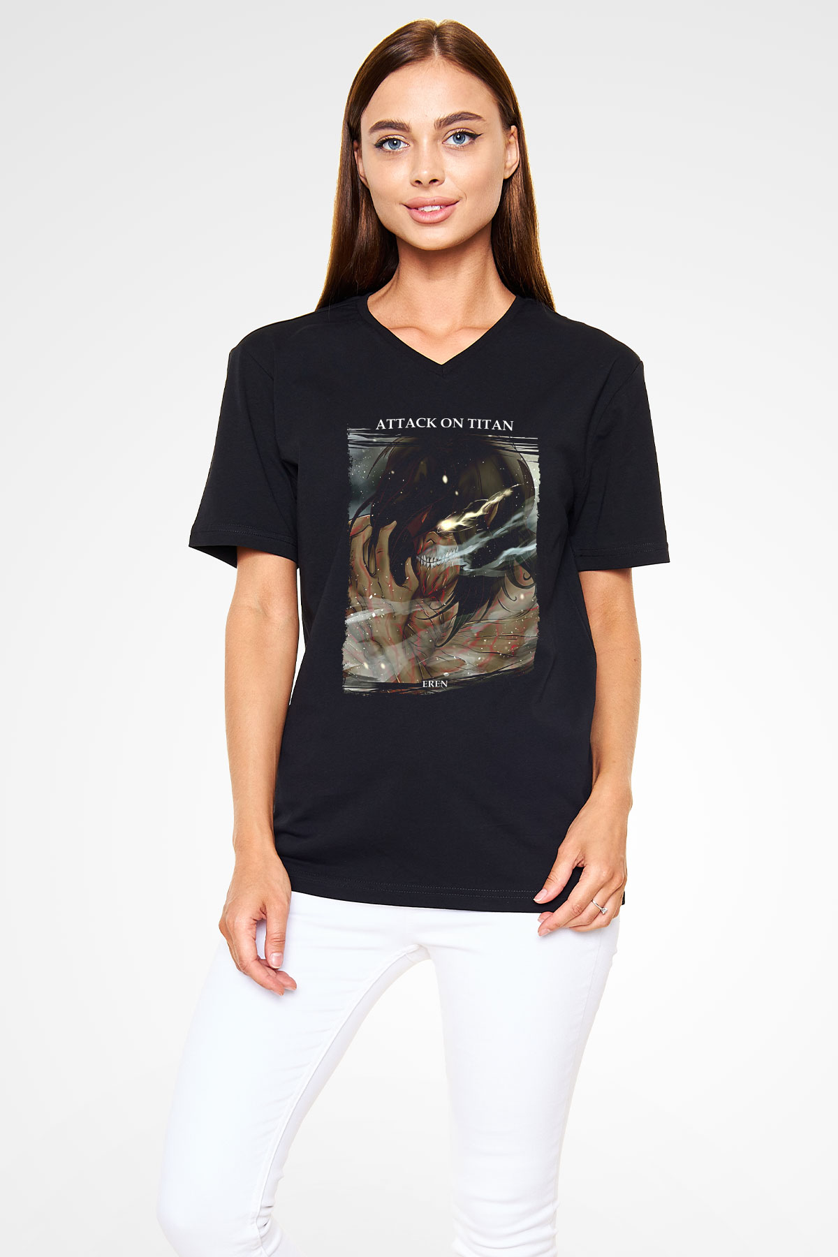 Attack On Titan Baskılı Unisex Siyah V Yaka Tişört - Tshirt