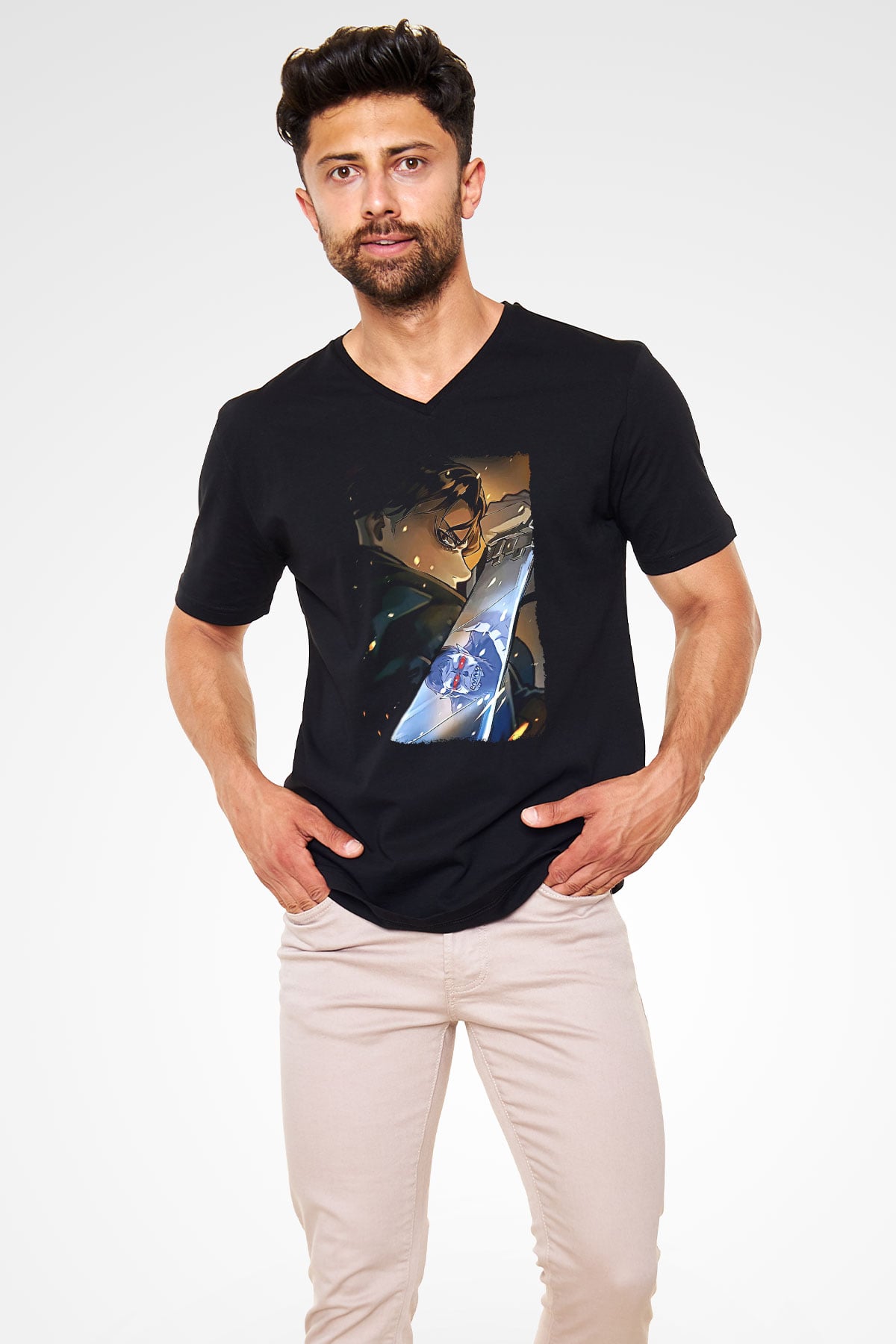 Attack On Titan Baskılı Unisex Siyah V Yaka Tişört - Tshirt