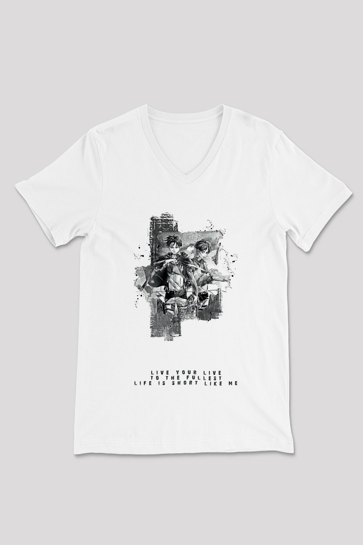 Attack On Titan Baskılı Unisex Siyah V Yaka Tişört - Tshirt