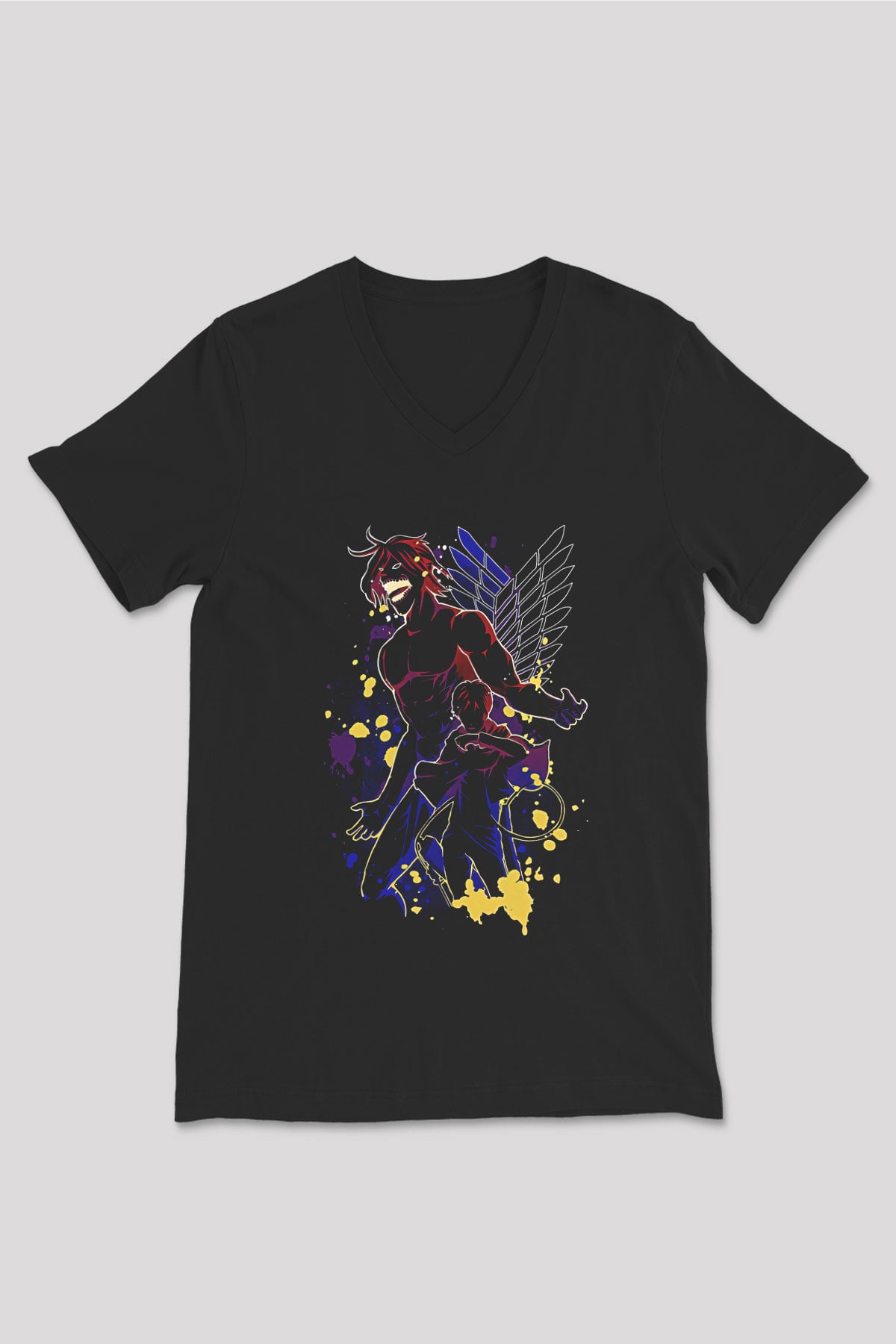 Attack On Titan Baskılı Unisex Siyah V Yaka Tişört - Tshirt