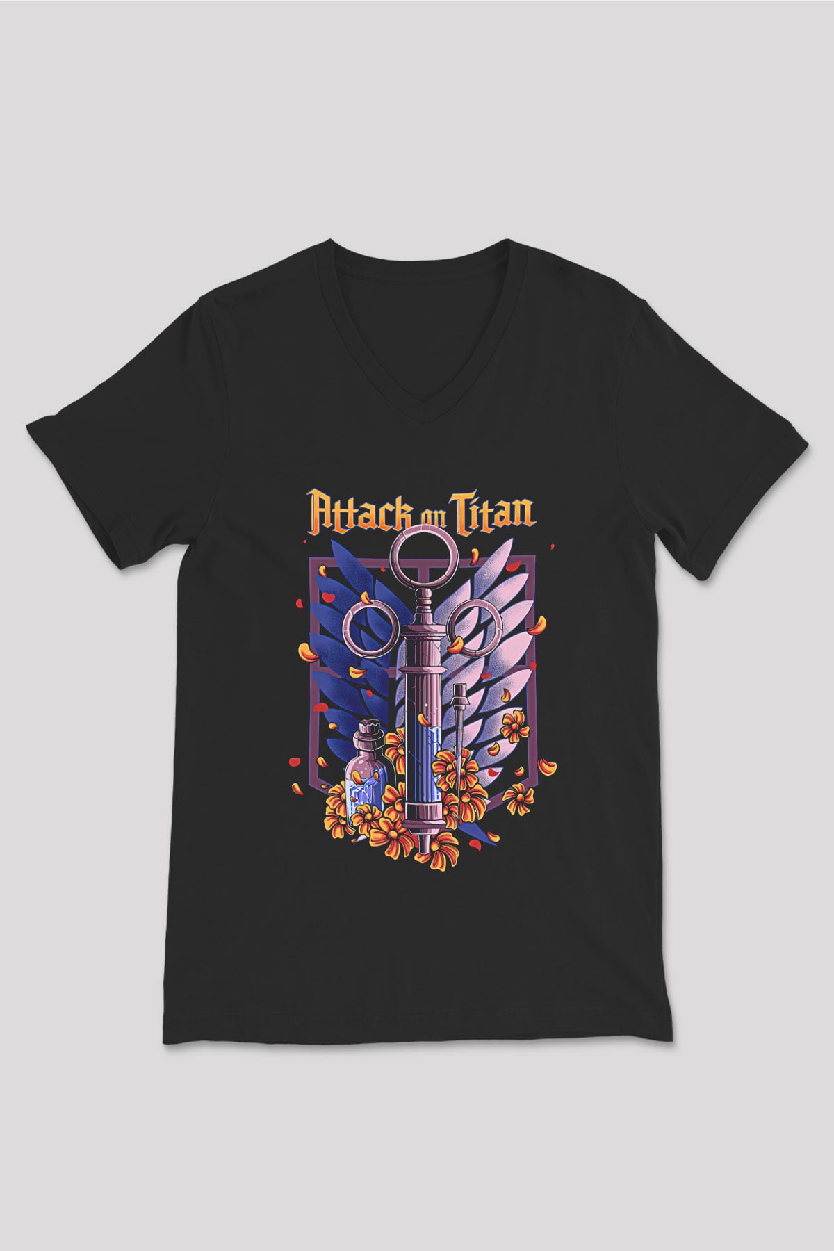 Attack On Titan Baskılı Unisex Siyah V Yaka Tişört - Tshirt