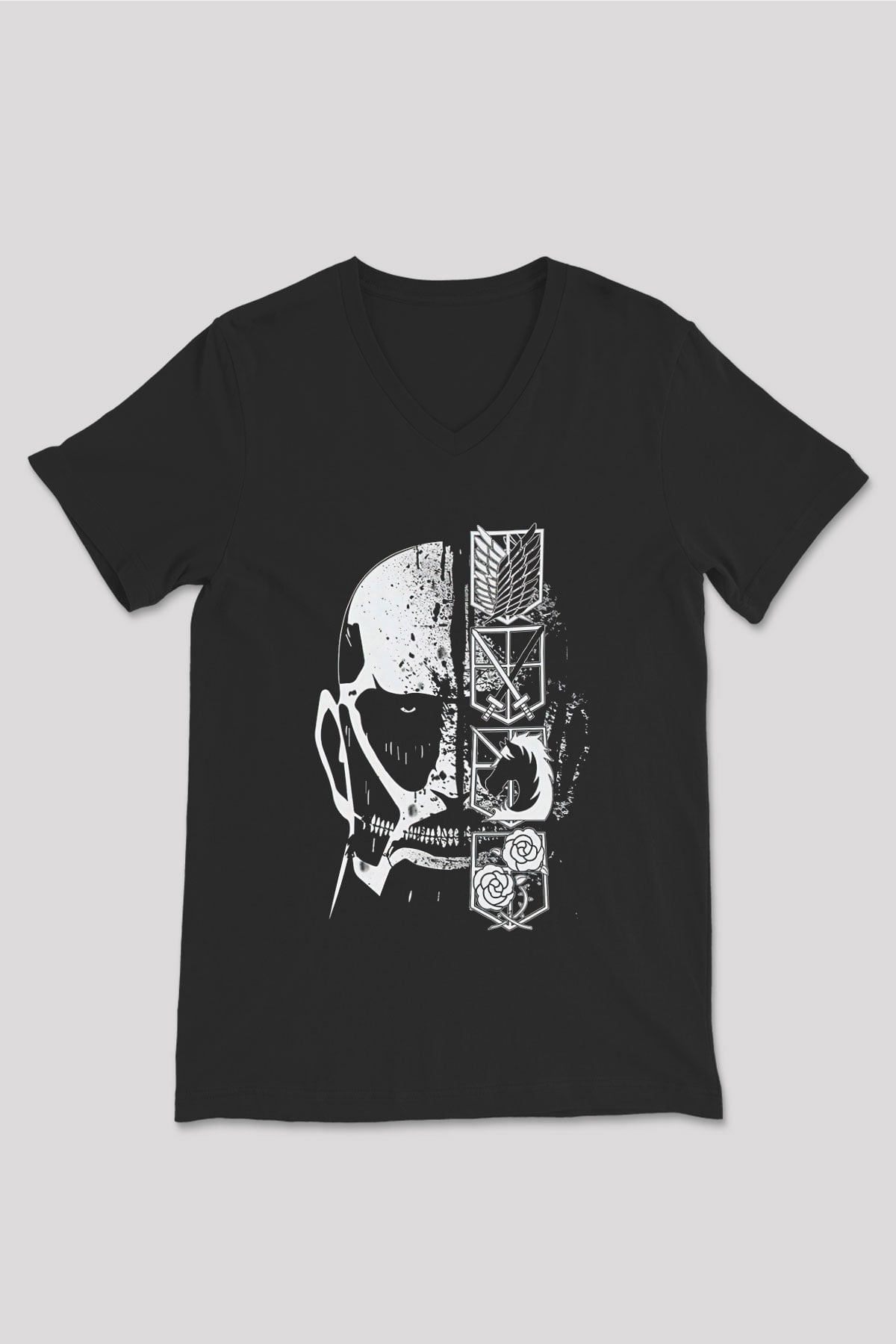 Attack On Titan Baskılı Unisex Siyah V Yaka Tişört - Tshirt