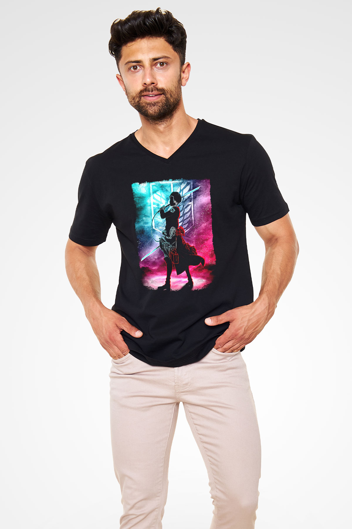 Attack On Titan Baskılı Unisex Siyah V Yaka Tişört - Tshirt