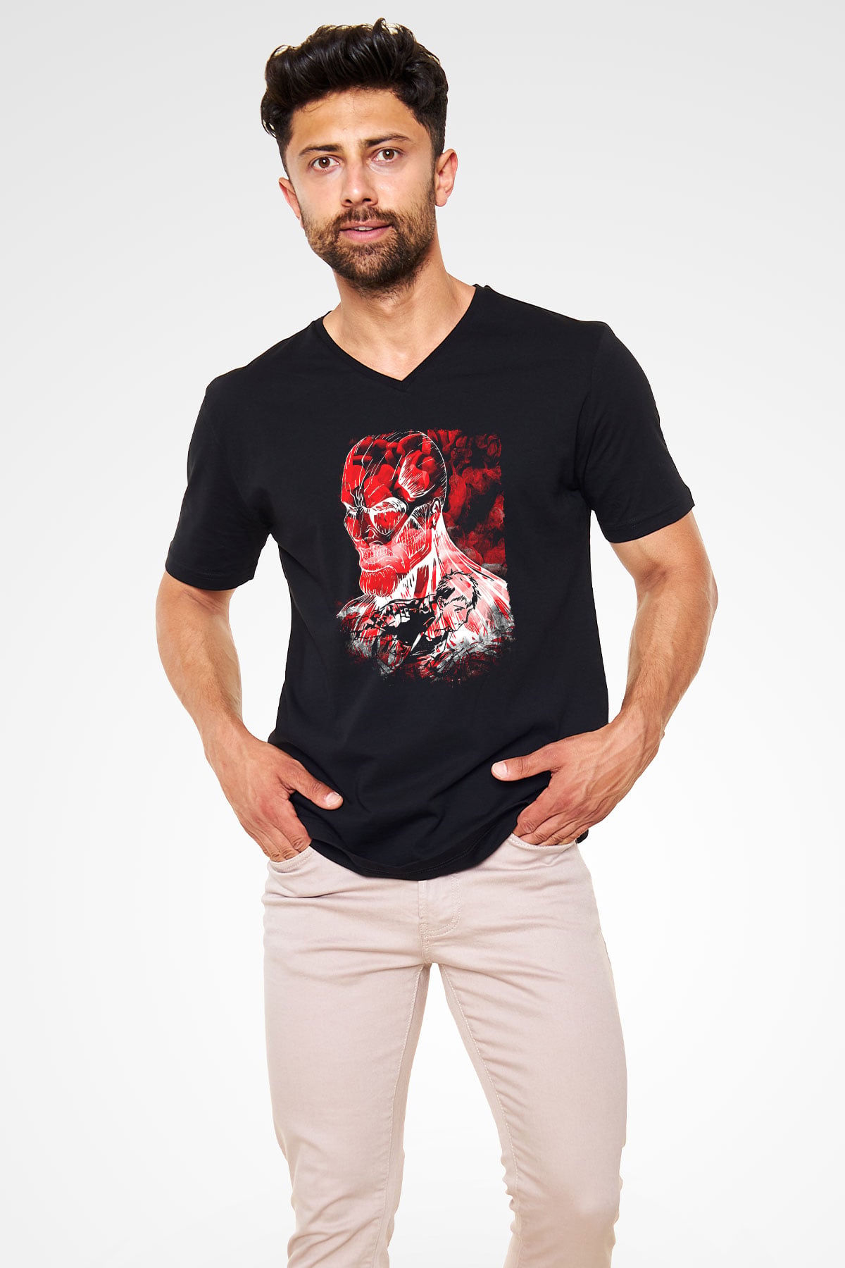 Attack On Titan Baskılı Unisex Siyah V Yaka Tişört - Tshirt