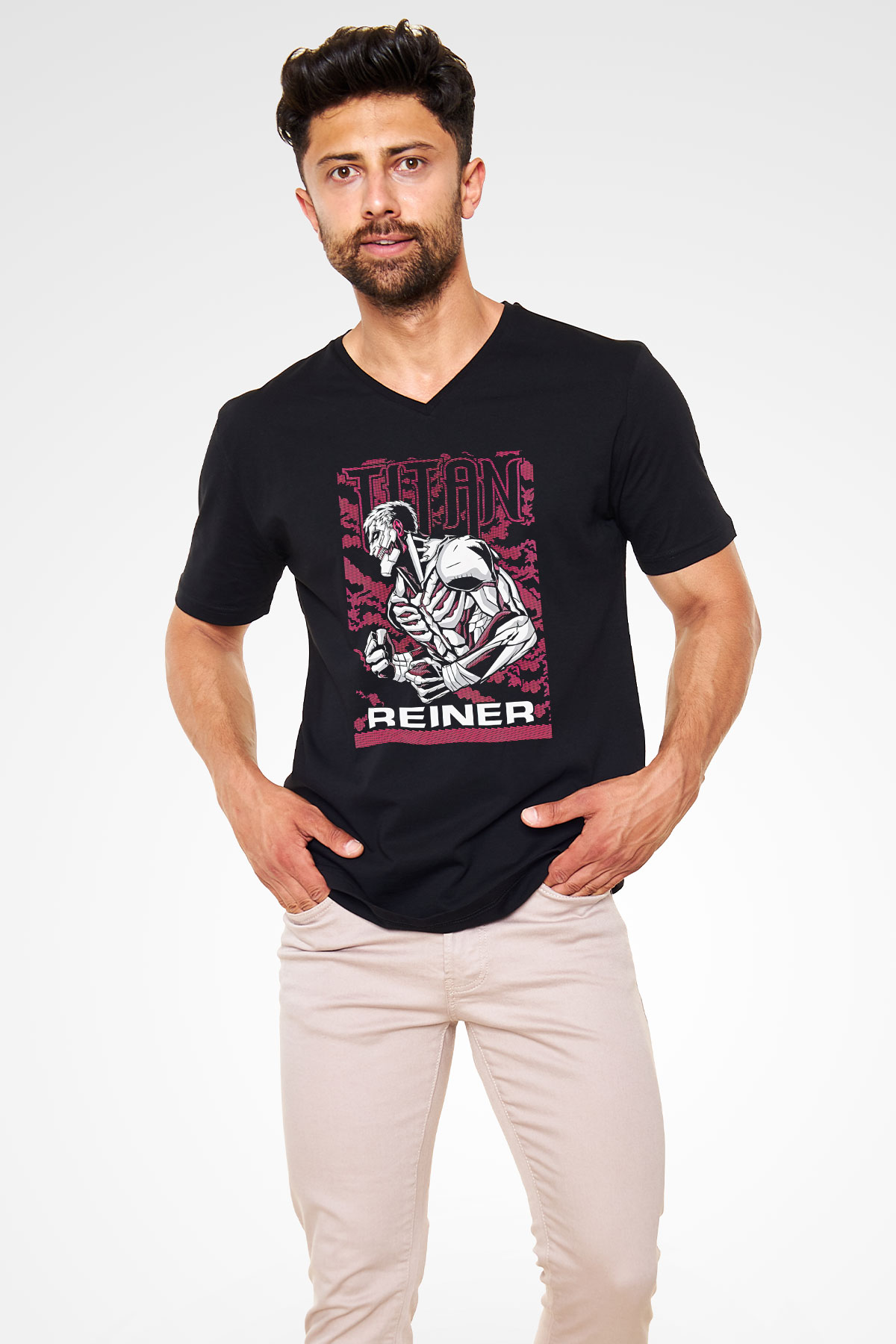 Attack On Titan Baskılı Unisex Siyah V Yaka Tişört - Tshirt