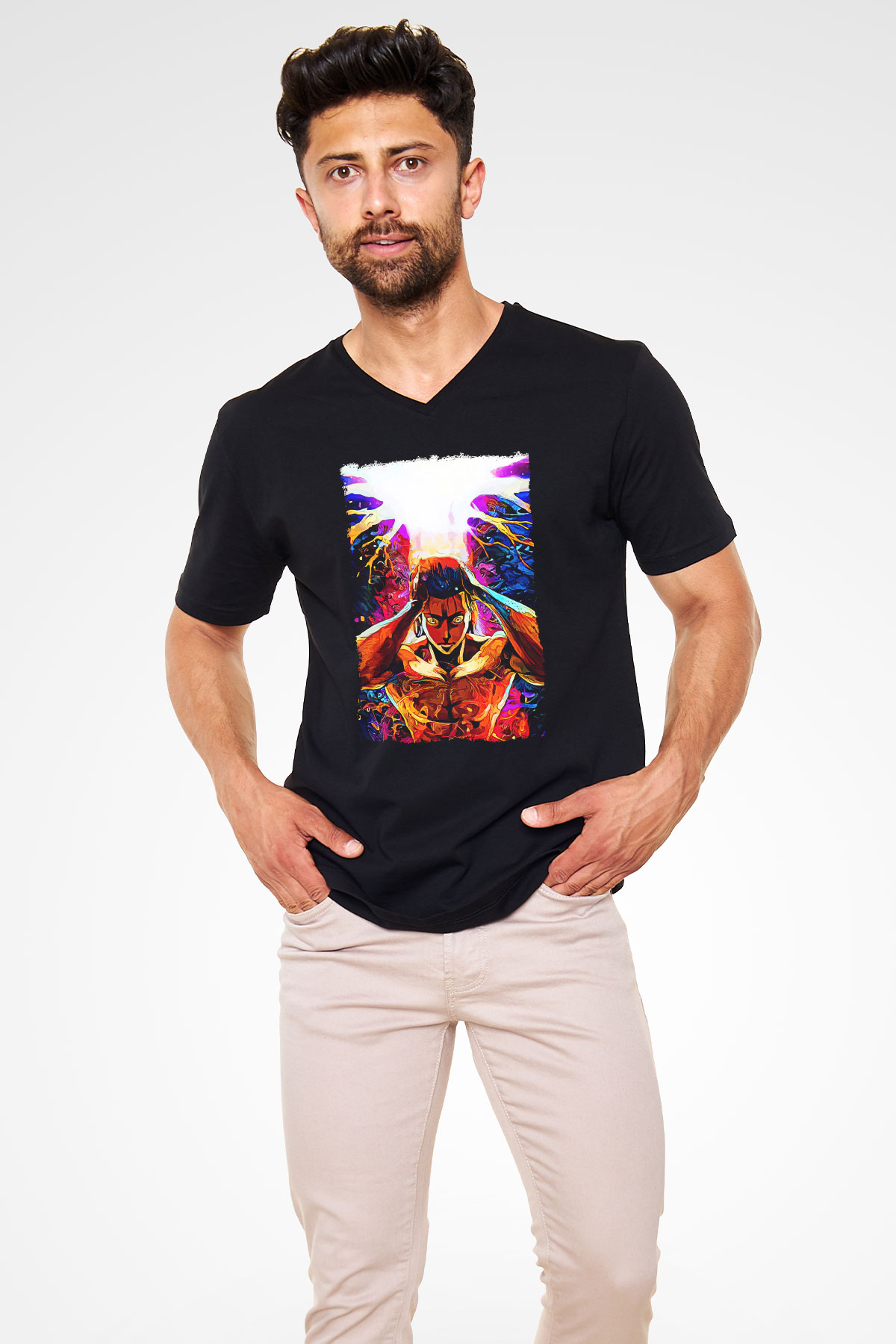 Attack On Titan Baskılı Unisex Siyah V Yaka Tişört - Tshirt