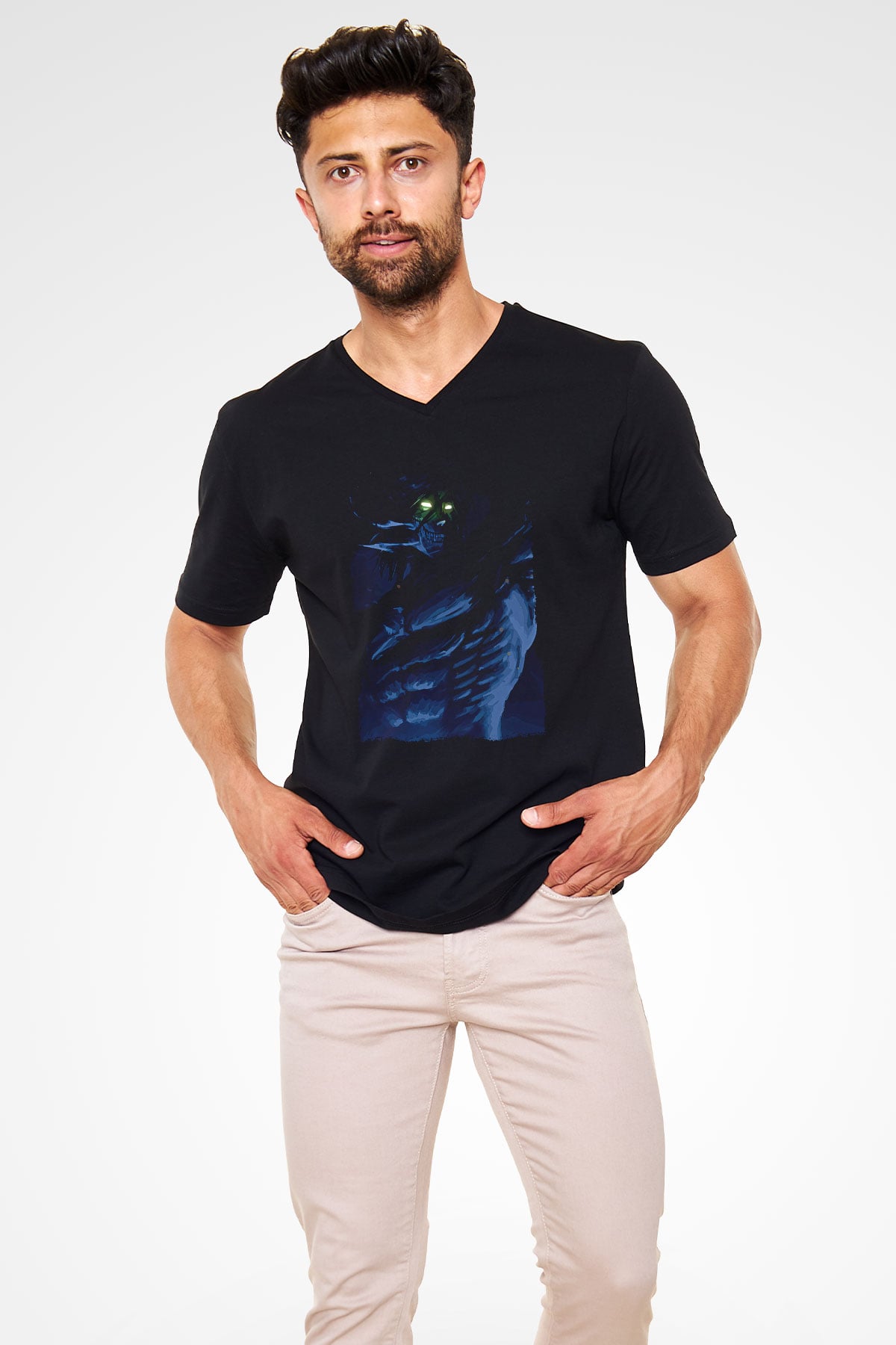 Attack On Titan Baskılı Unisex Siyah V Yaka Tişört - Tshirt
