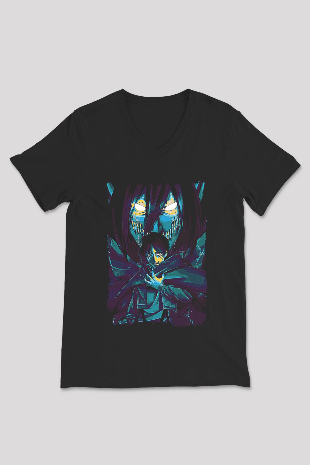 Attack On Titan Baskılı Unisex Siyah V Yaka Tişört - Tshirt