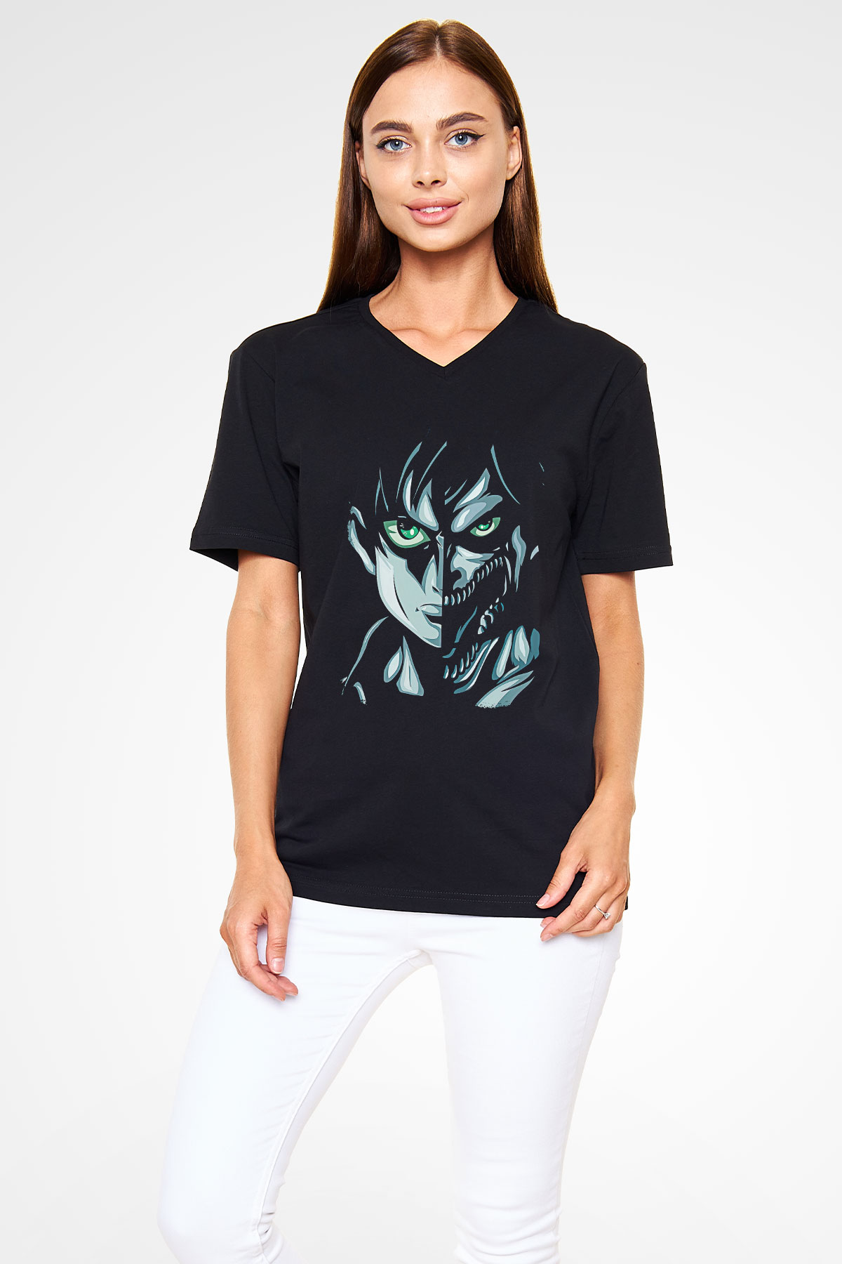 Attack On Titan Baskılı Unisex Siyah V Yaka Tişört - Tshirt