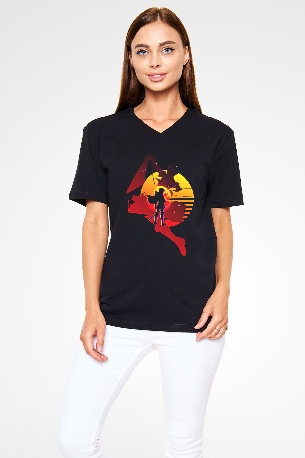 Attack On Titan Baskılı Unisex Siyah V Yaka Tişört - Tshirt