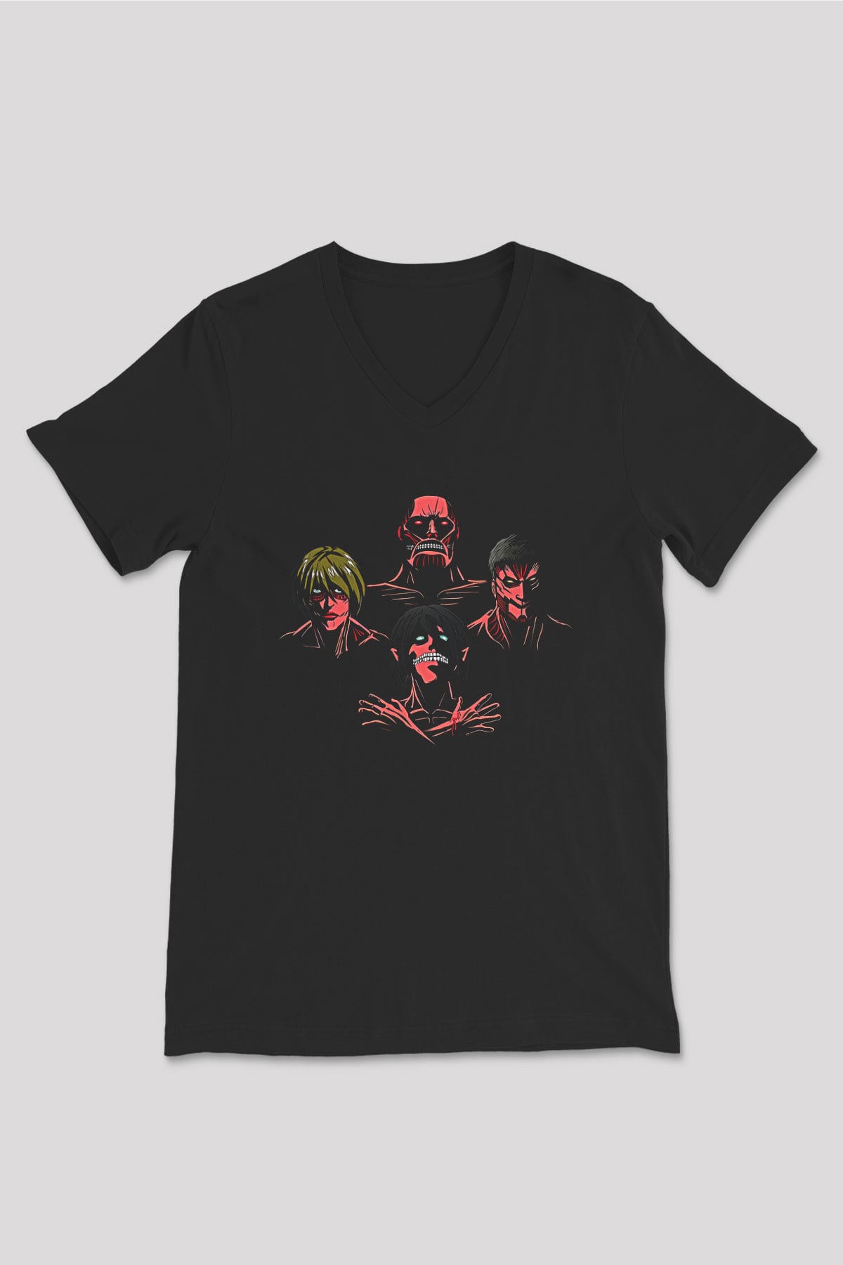 Attack On Titan Baskılı Unisex Siyah V Yaka Tişört - Tshirt